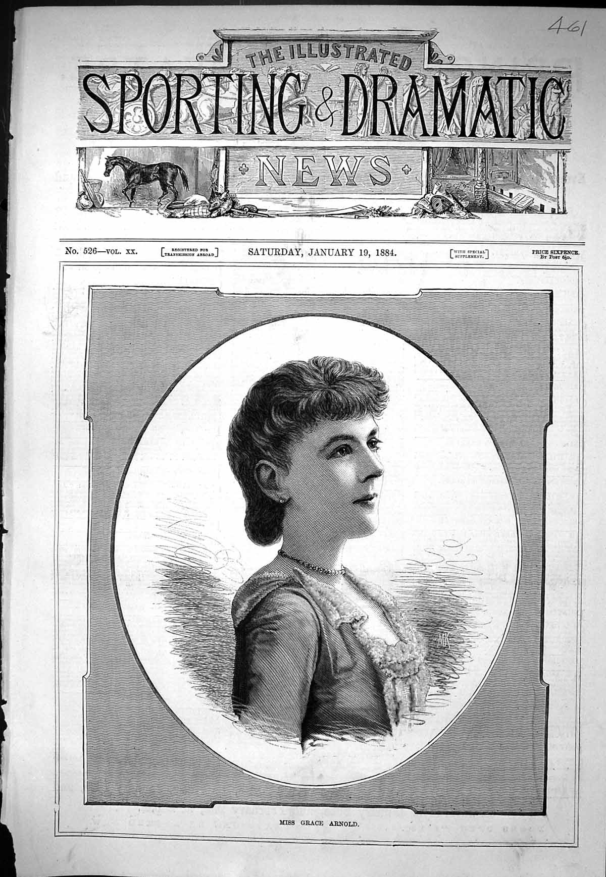 Old Antique Print Sporting Dramatic News 1884 Portrait Miss Grace ArnLady 19th