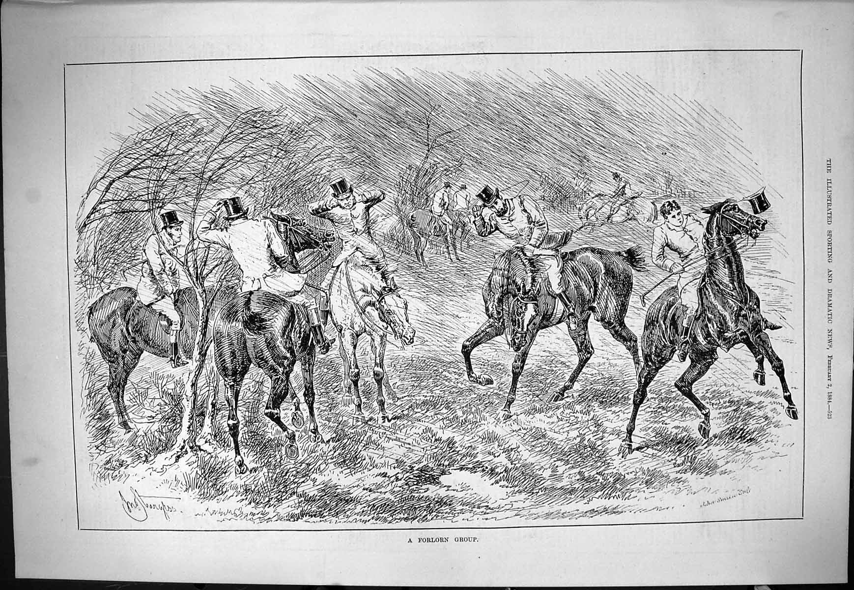 Old Sporting Dramatic News 1884 Forlorn Group Hunting Stormy Weather Victorian
