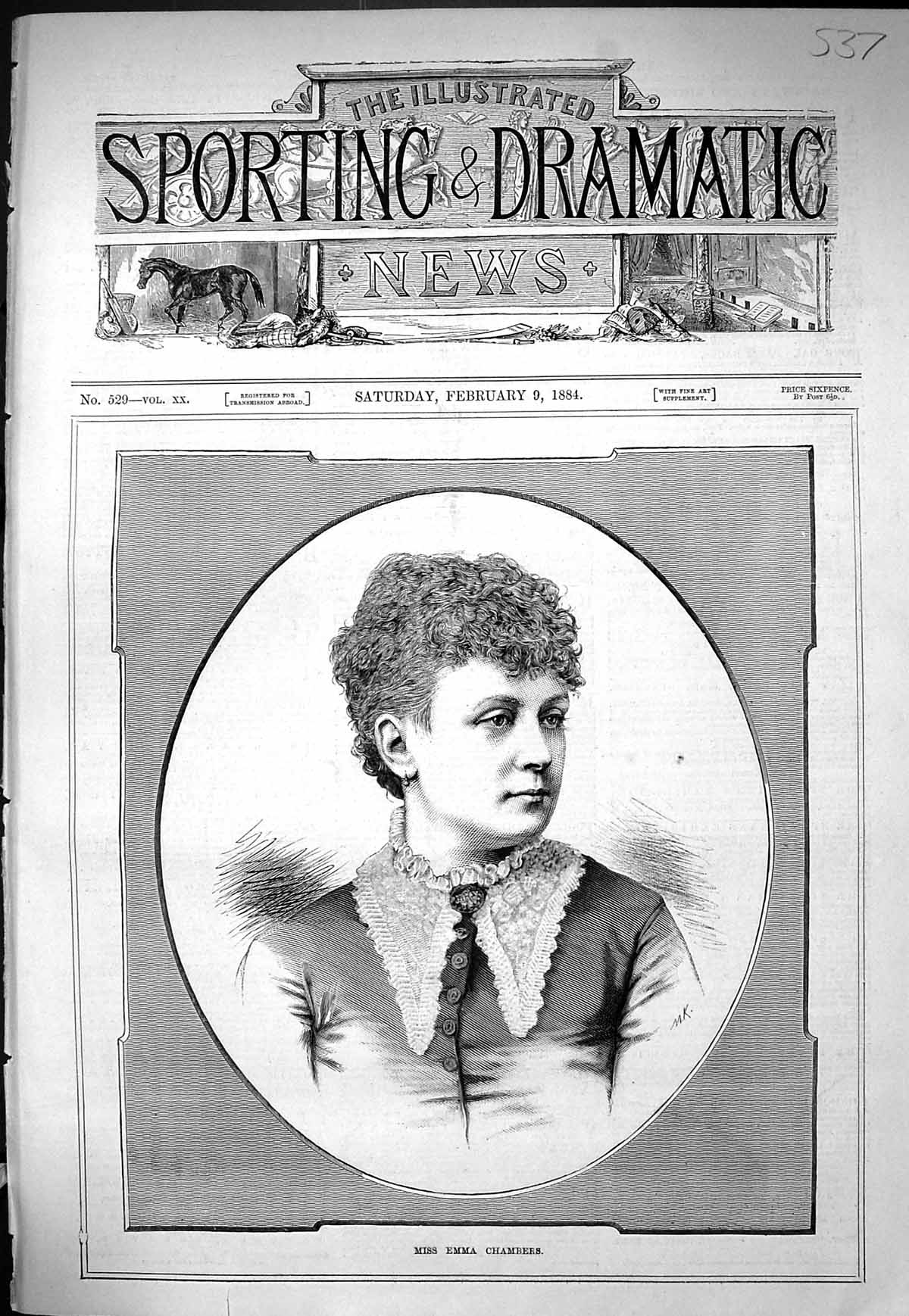 Antique Print Sporting Dramatic News 1884 Portrait Miss Emma Chambers Lady 19th