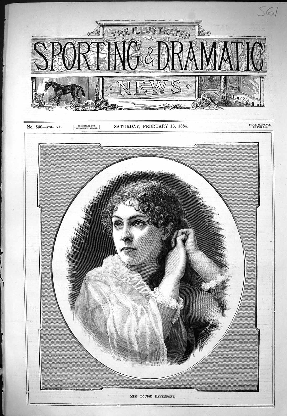 Antique Old Print Sporting Dramatic News 1884 Portrait Miss Louise Davenport
