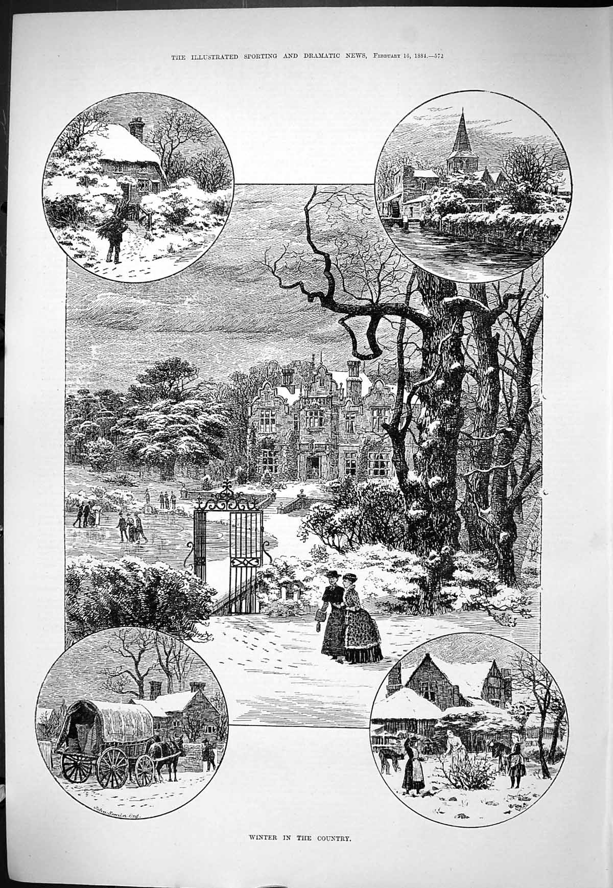 Old Sporting Dramatic News 1884 Winter Scene Country Mansion House Sw Victorian