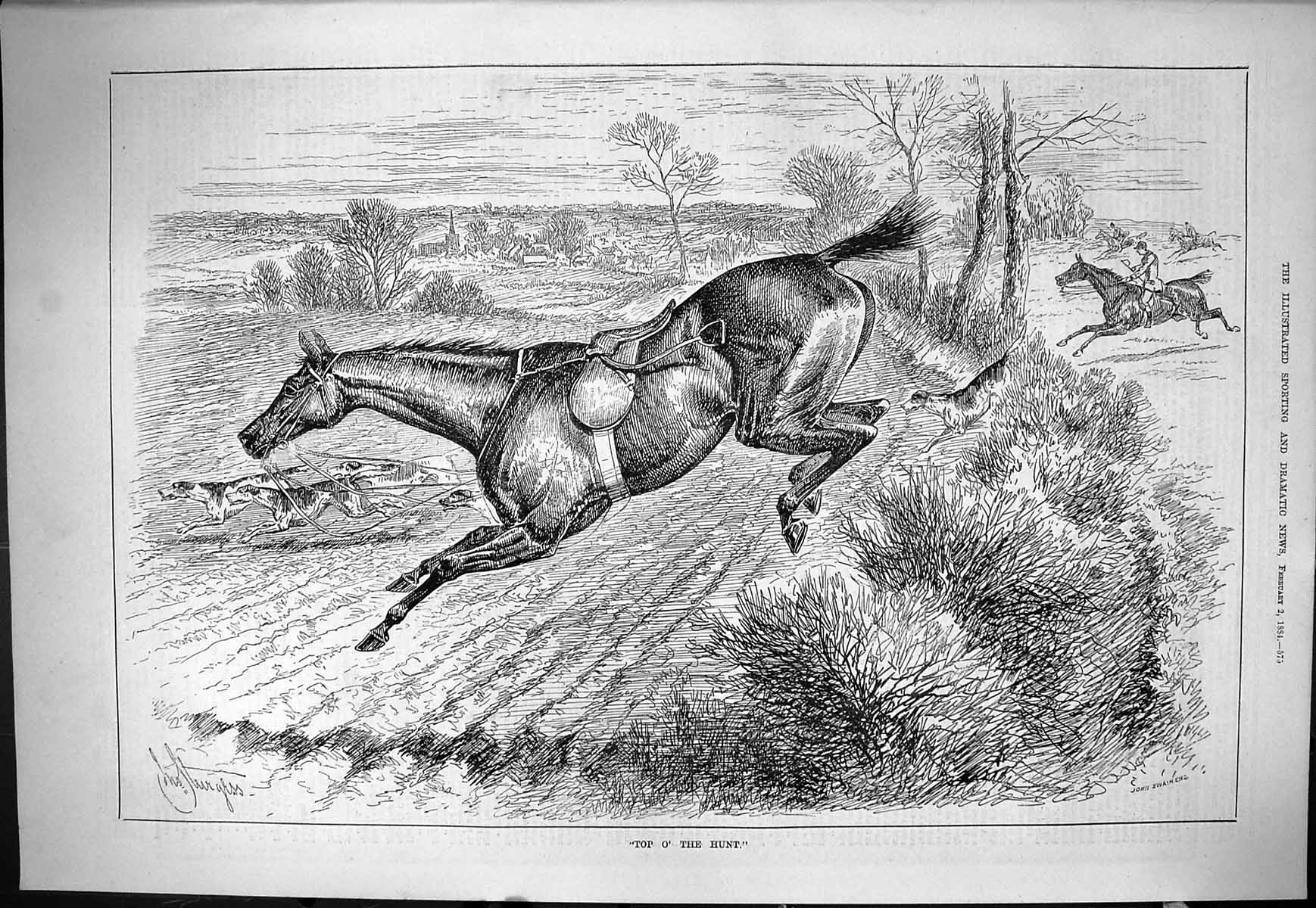 Old Sporting Dramatic News 1884 Top O' The Hunt Hunting Horses Jumpin Victorian