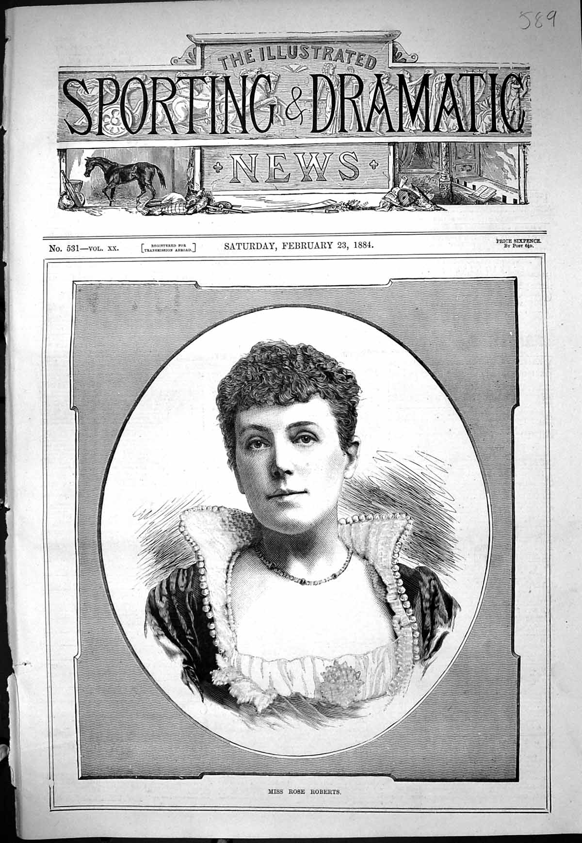 Old Antique Print Sporting Dramatic News Miss Rose Roberts Beautiful Lady