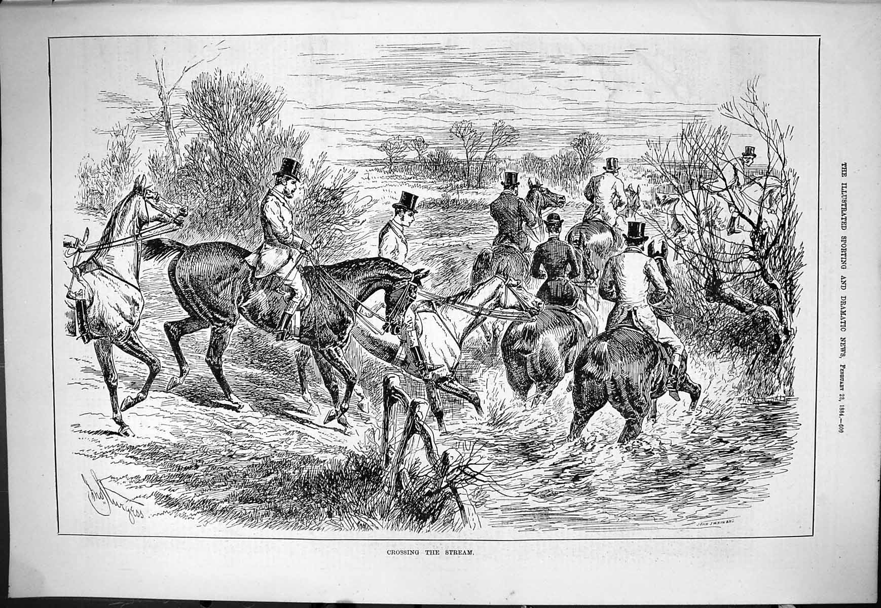 Old Sporting Dramatic News 1884 Hunting Horses Crossing Stream Huntsm Victorian