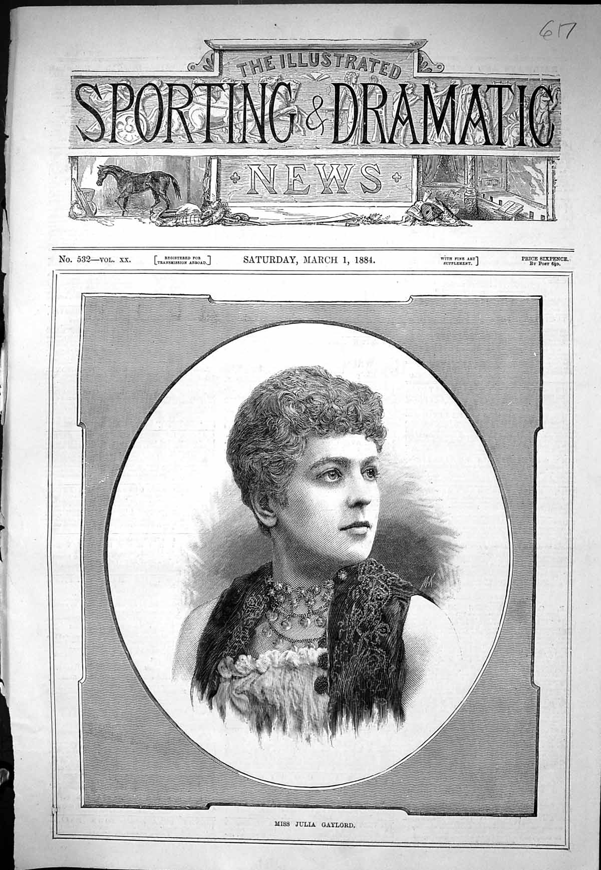 Antique Print Sporting Dramatic News 1884 Portrait Miss Julia Gaylord Lady 19th