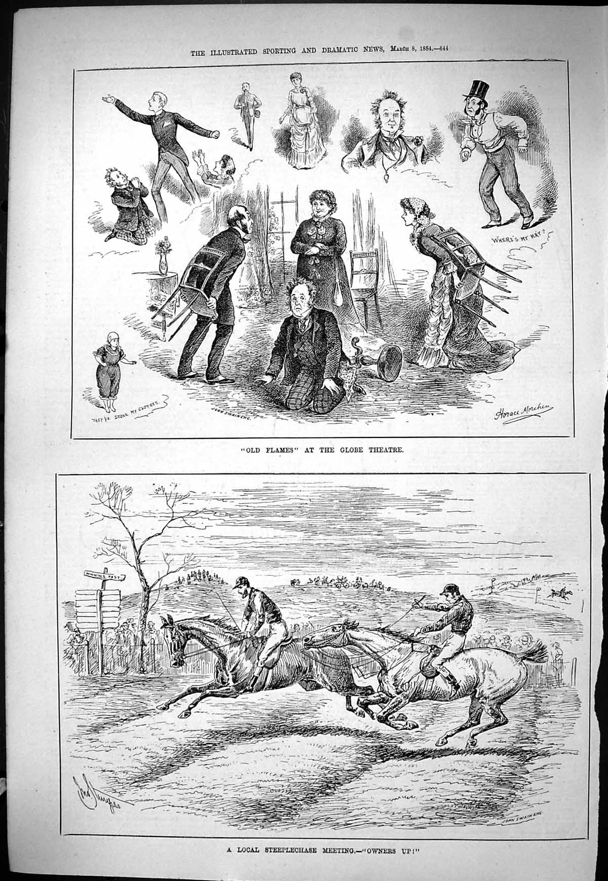Antique Print Sporting Dramatic News 1884 Flames Globe Theatre Steeplechase