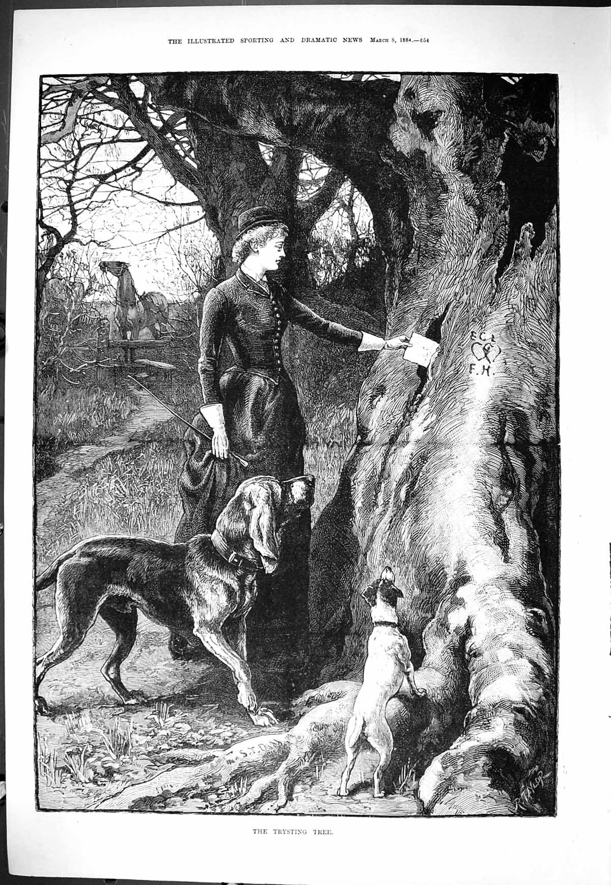 Old Sporting Dramatic News 1884 Trysting Tree Lady Countryside Dogs F Victorian