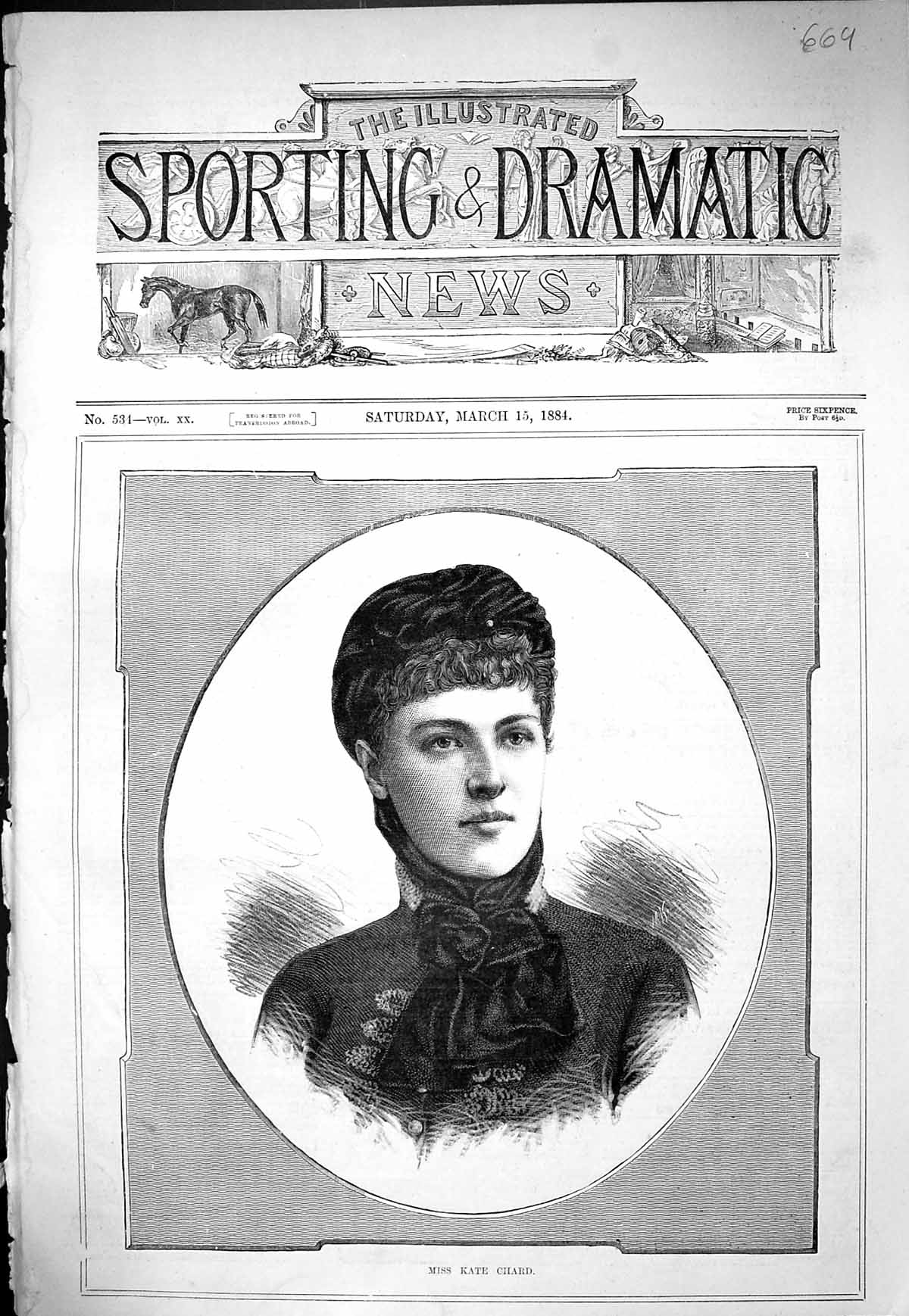 Antique Old Print Sporting Dramatic News 1884 Portrait Miss Kate Chard Lady