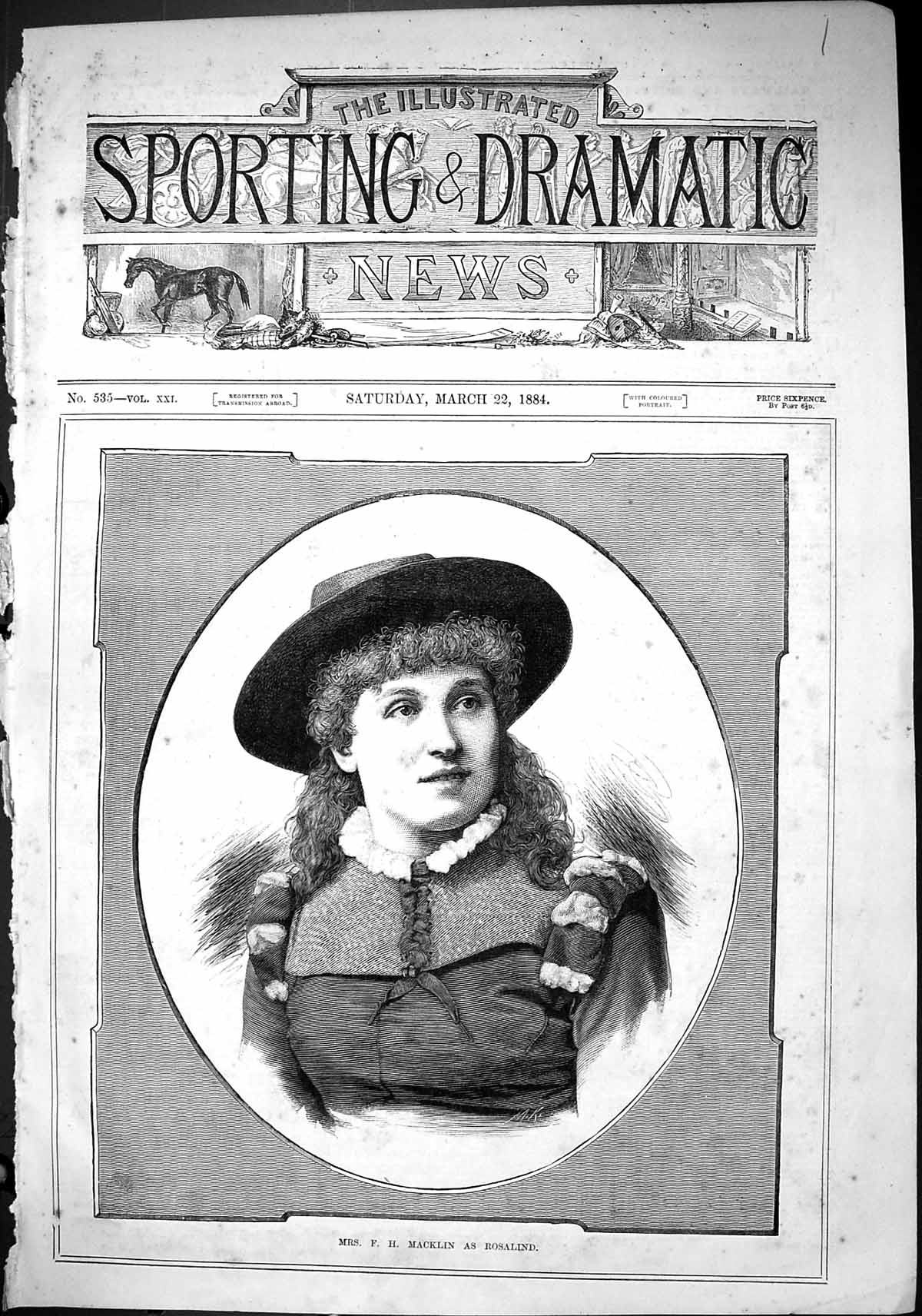 Antique Old Print Sporting Dramatic News 1884 Mrs Macklin Rosalind Theatre 19th