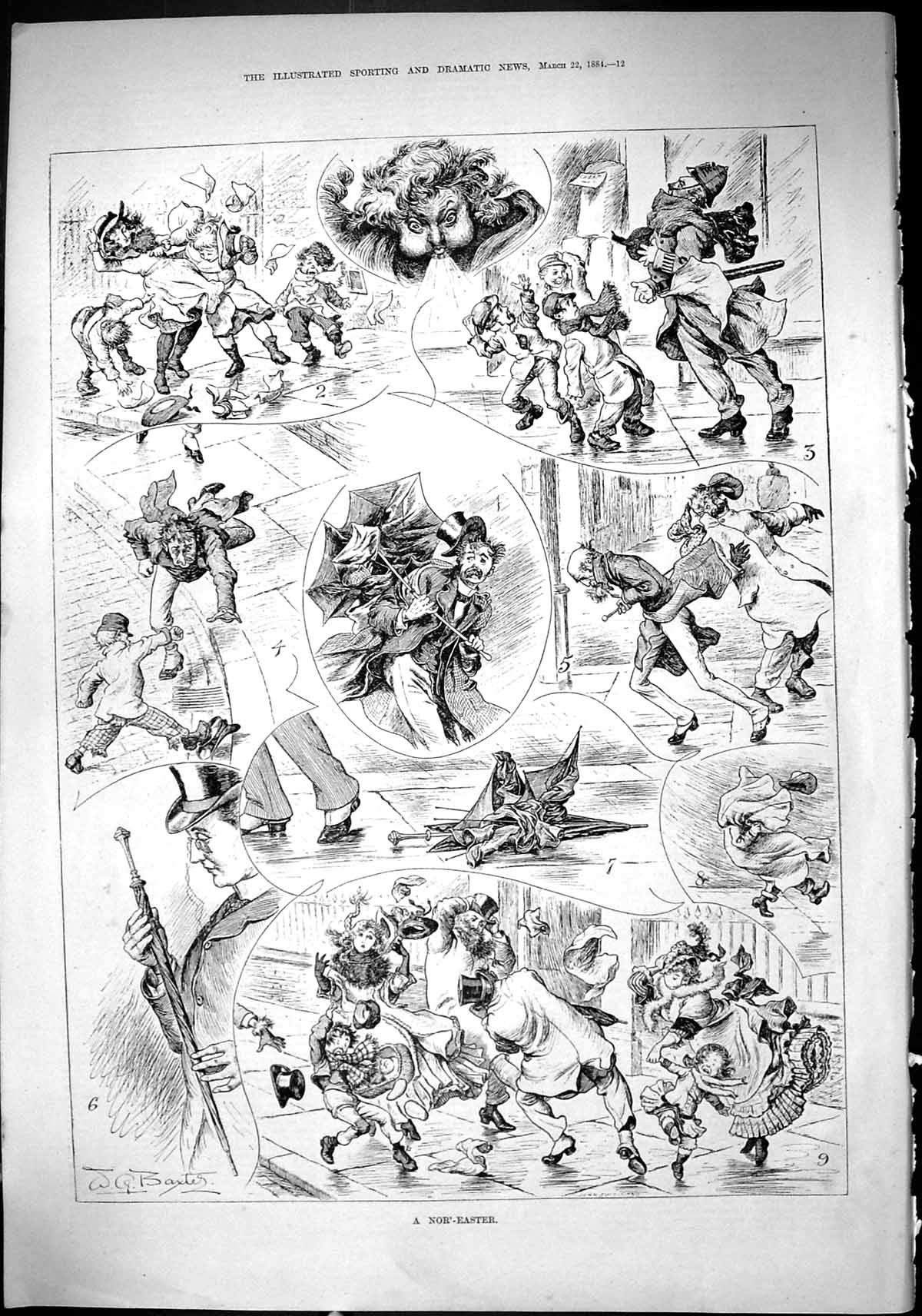 Old Sporting Dramatic News 1884 Nor'-Easter Windy Day Storm Street Sc Victorian
