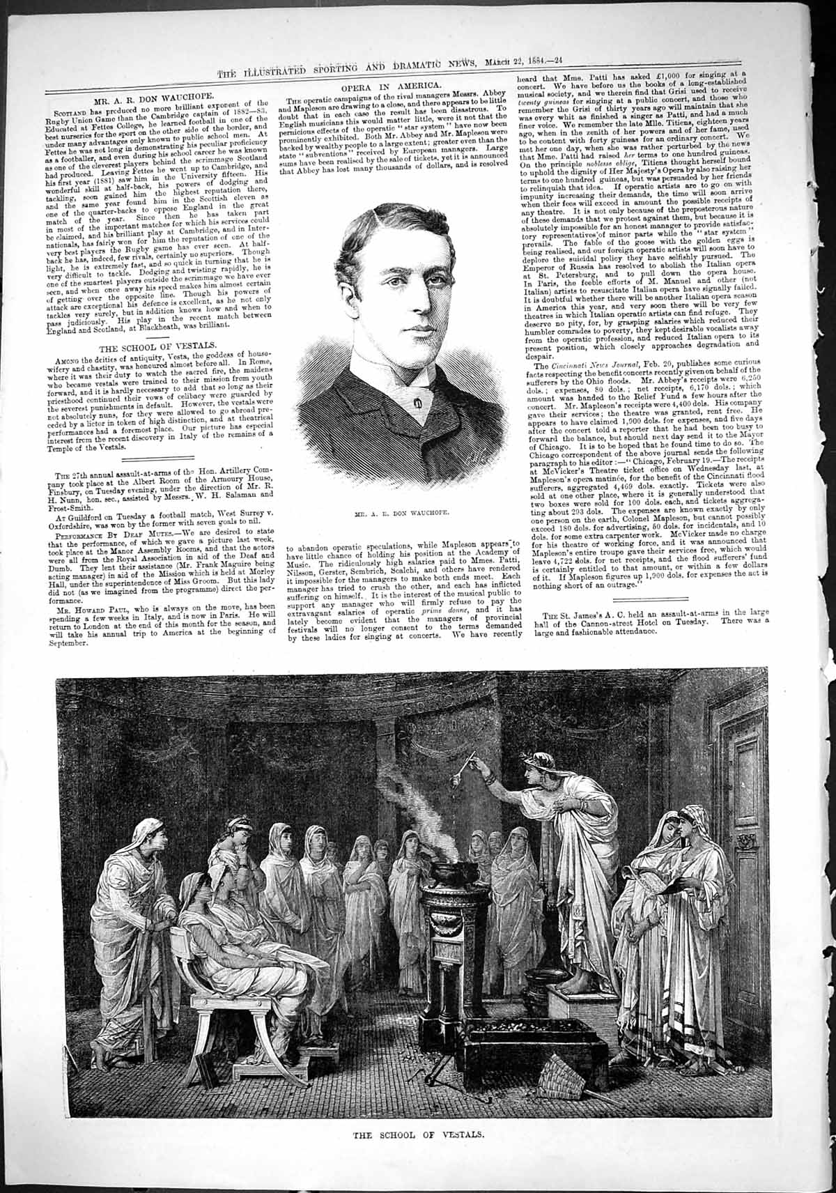 Antique Print Sporting Dramatic News 1884 Don Wauchope School Vestals Vesta