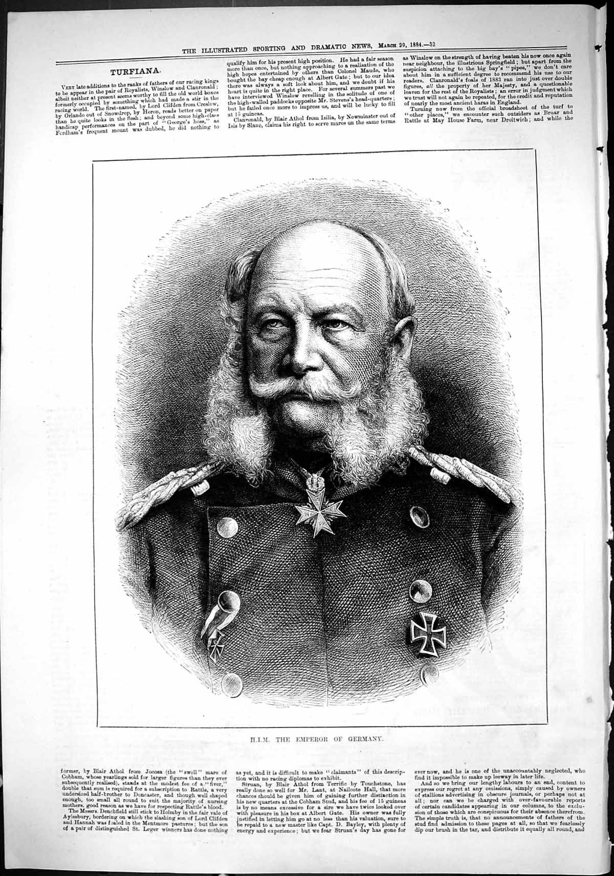 Antique Old Print Sporting Dramatic News 1884 Portrait H.I.M. Emperor Germany