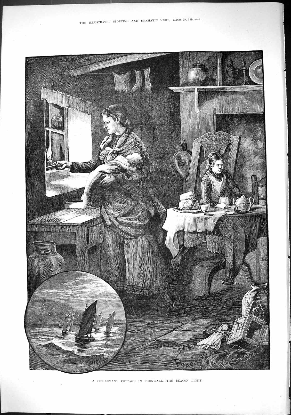 Old Sporting Dramatic News 1884 Beacon Light Fisherman Cottage Cornwa Victorian
