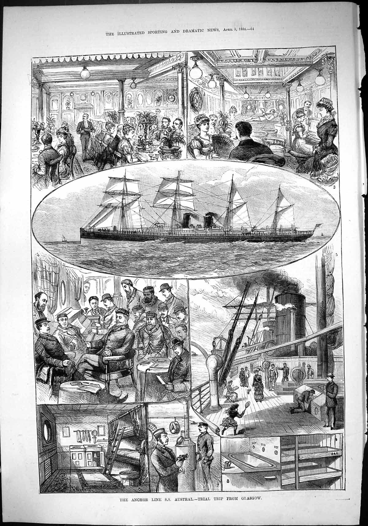 Old Sporting Dramatic News 1884 Ship Anchor Lone S.S. Austral Glasgow Victorian