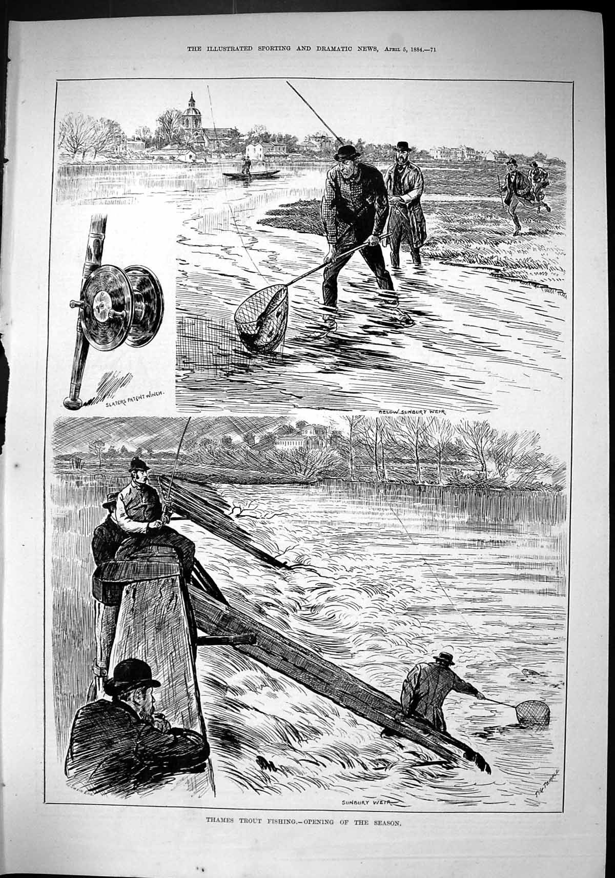 Old Sporting Dramatic News 1884 River Thames Trout Fishing Sunbury We Victorian