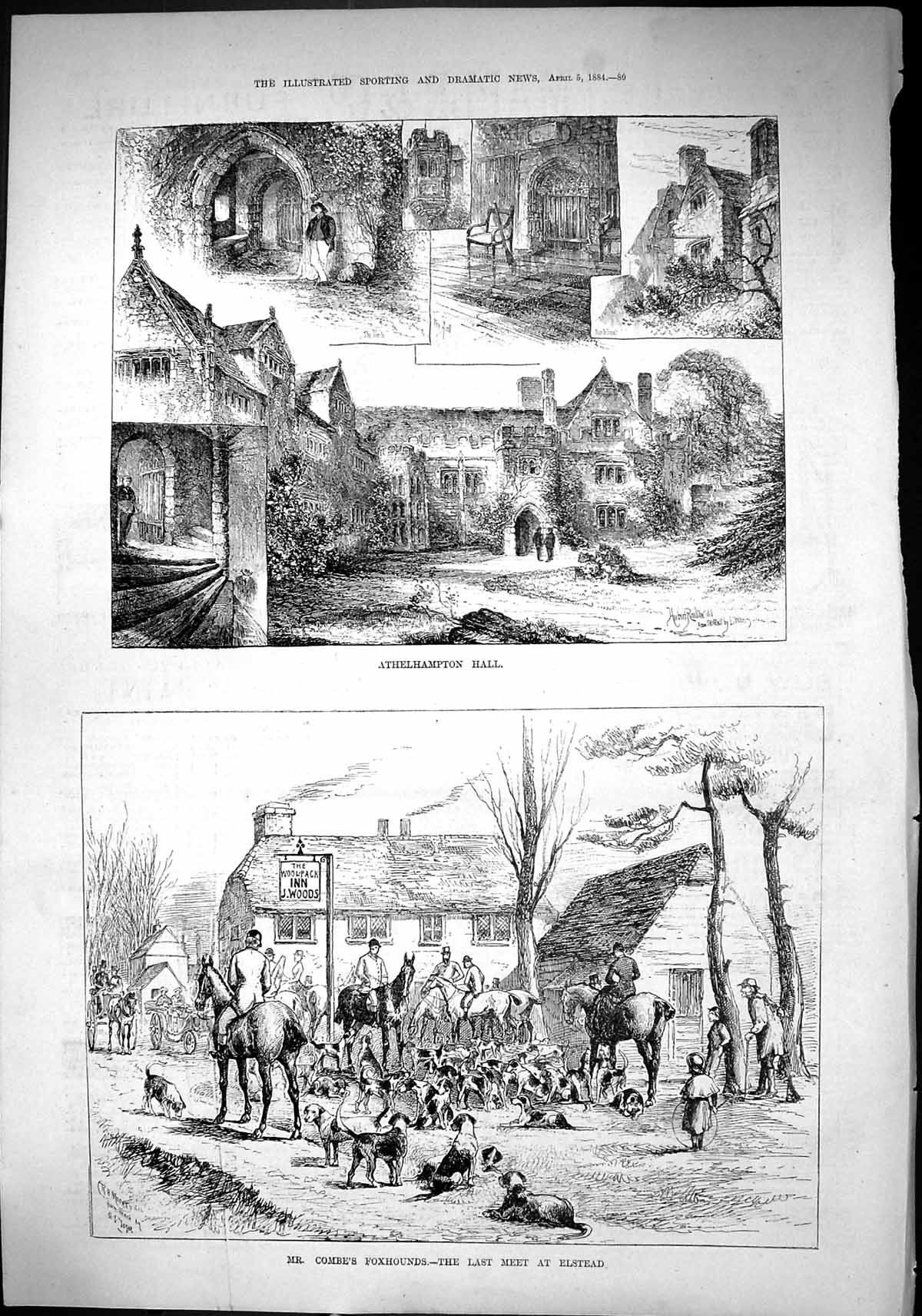 Old Sporting Dramatic News 1884 Athelhampton Hall Combe Foxhounds Els Victorian