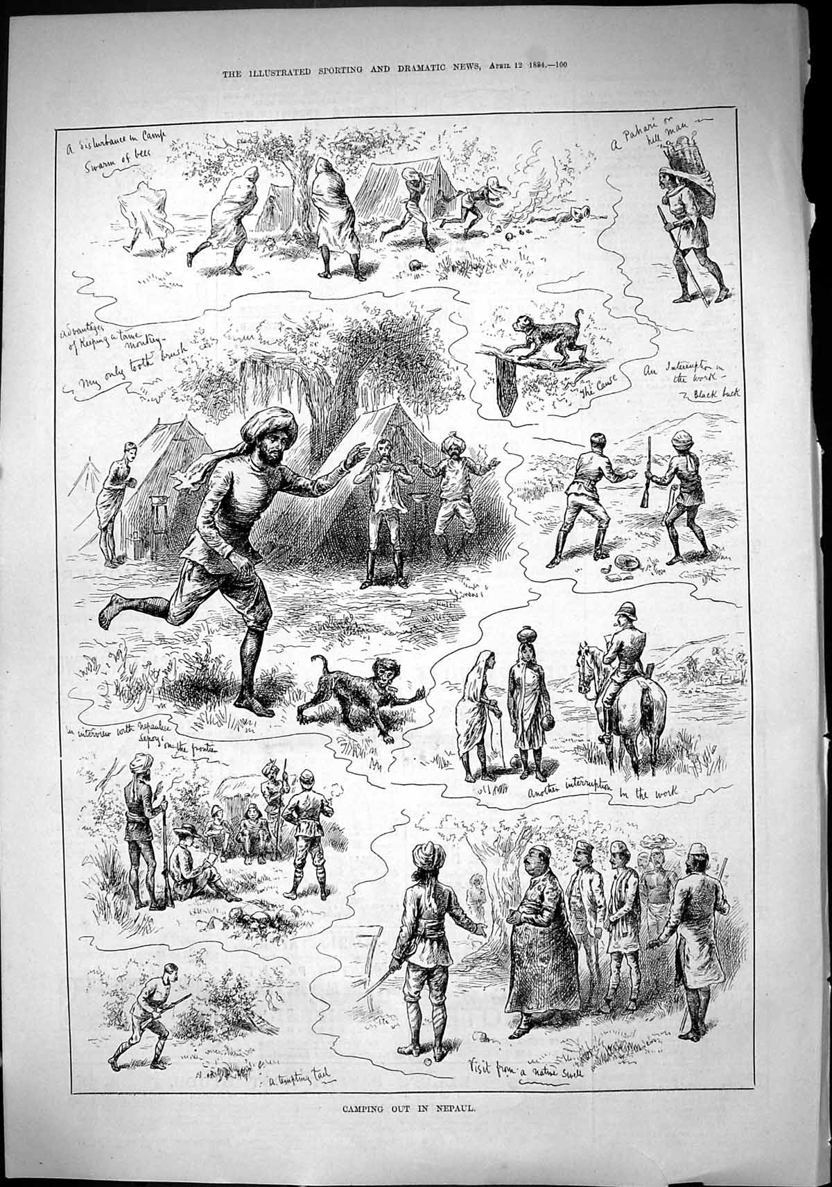 Old Sporting Dramatic News 1884 Camping Nepaul Swarm Bees Monkey Paha Victorian