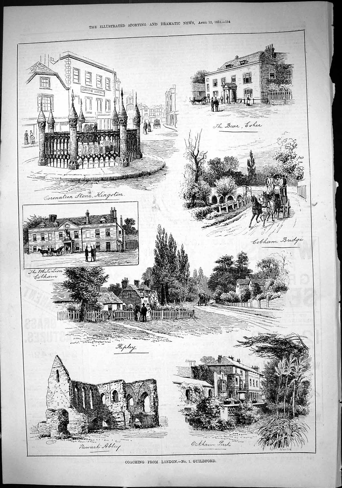 Old 1884 Coaching Guildford Coronation Stone Kingston Cobham Bridge R Victorian