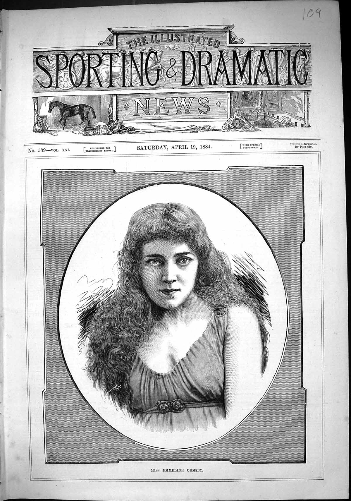Old Print Sporting Dramatic News 1884 Portrait Miss Emmeline Ormsby Lady 19th