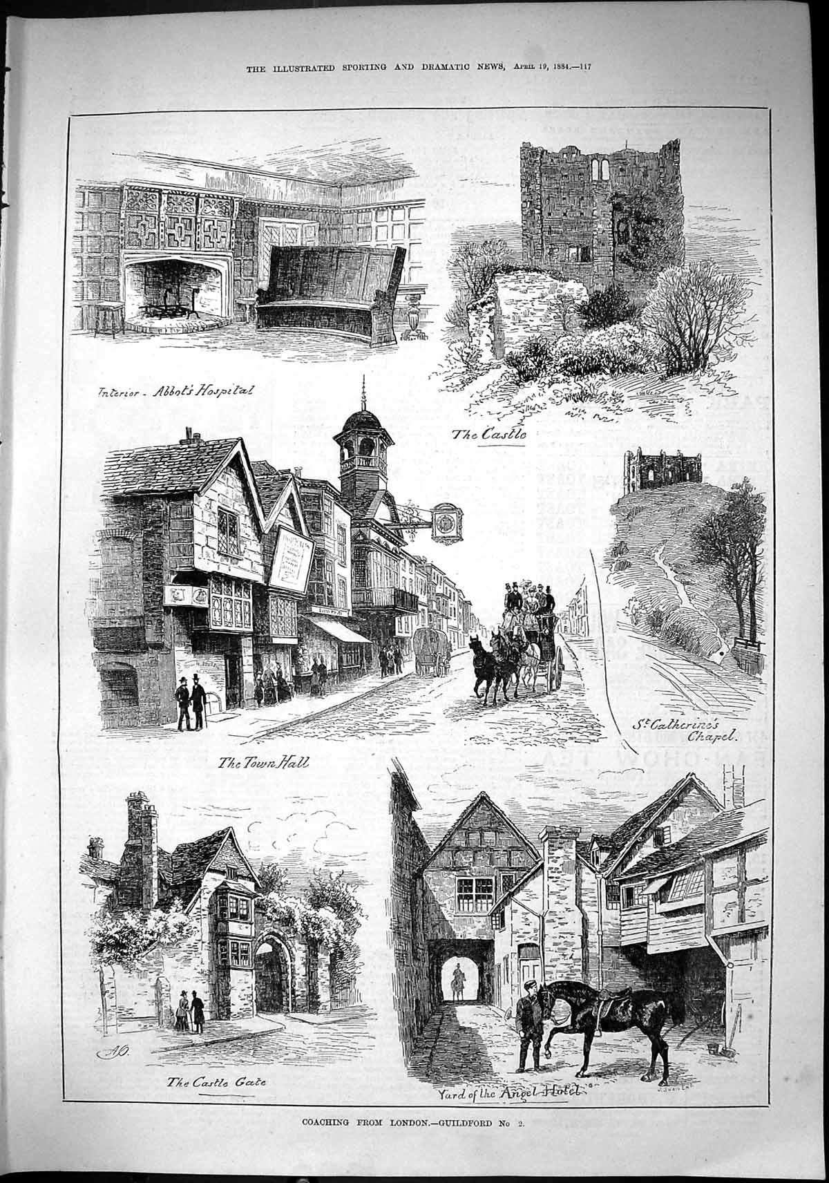 Old 1884 Coaching Guildford Castle Abbot'S Hospital Angel Hotel Cathe Victorian