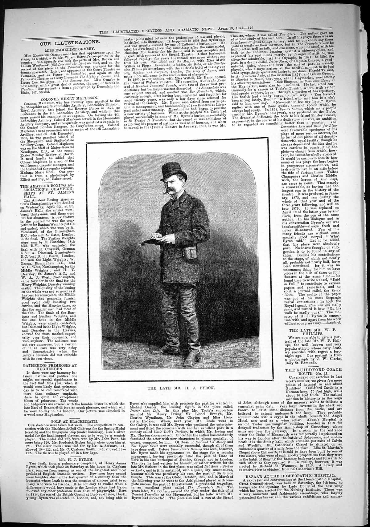 Old Antique Print Sporting Dramatic News 1884 Portrait Henry James Byron 19th