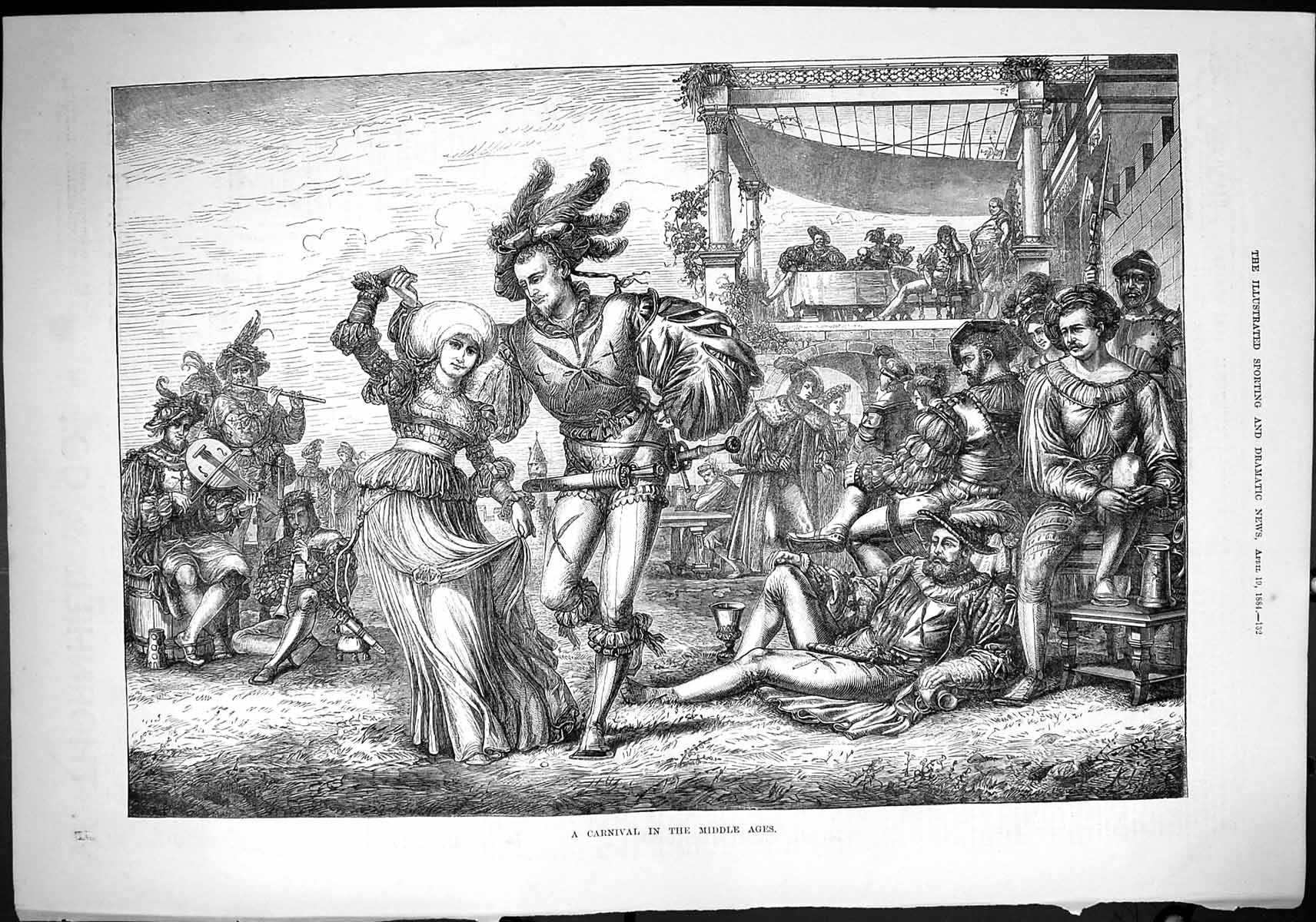 Old Sporting Dramatic News 1884 Scene Carnival Middle Ages Music Danc Victorian