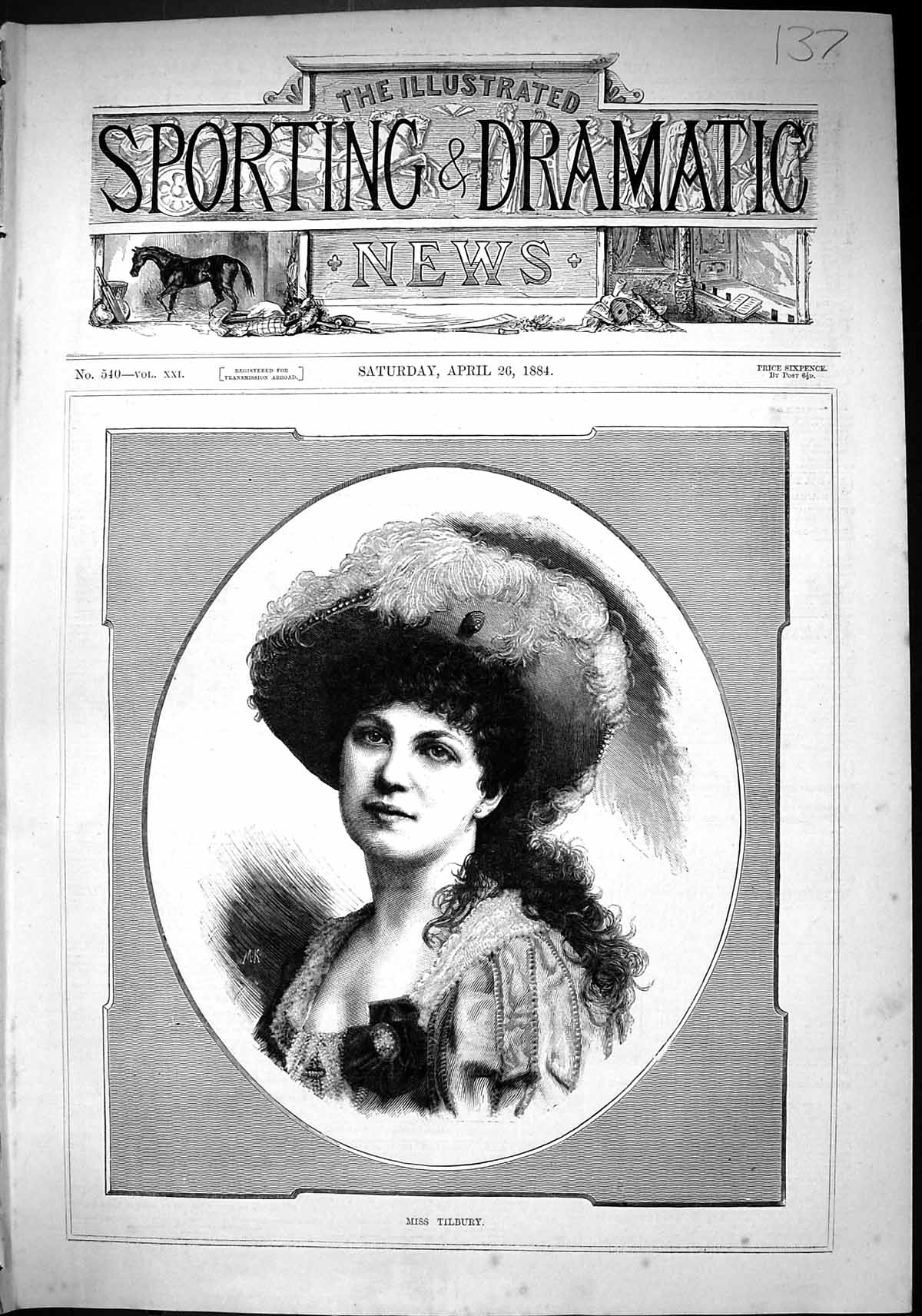 Old Antique Print Sporting Dramatic News 1884 Miss Tilbury Beautiful Lady 19th