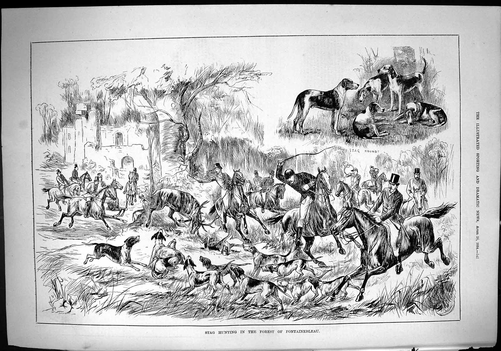 Old Sporting Dramatic News 1884 Stag Hunting Forest Fontainebleau Hou Victorian