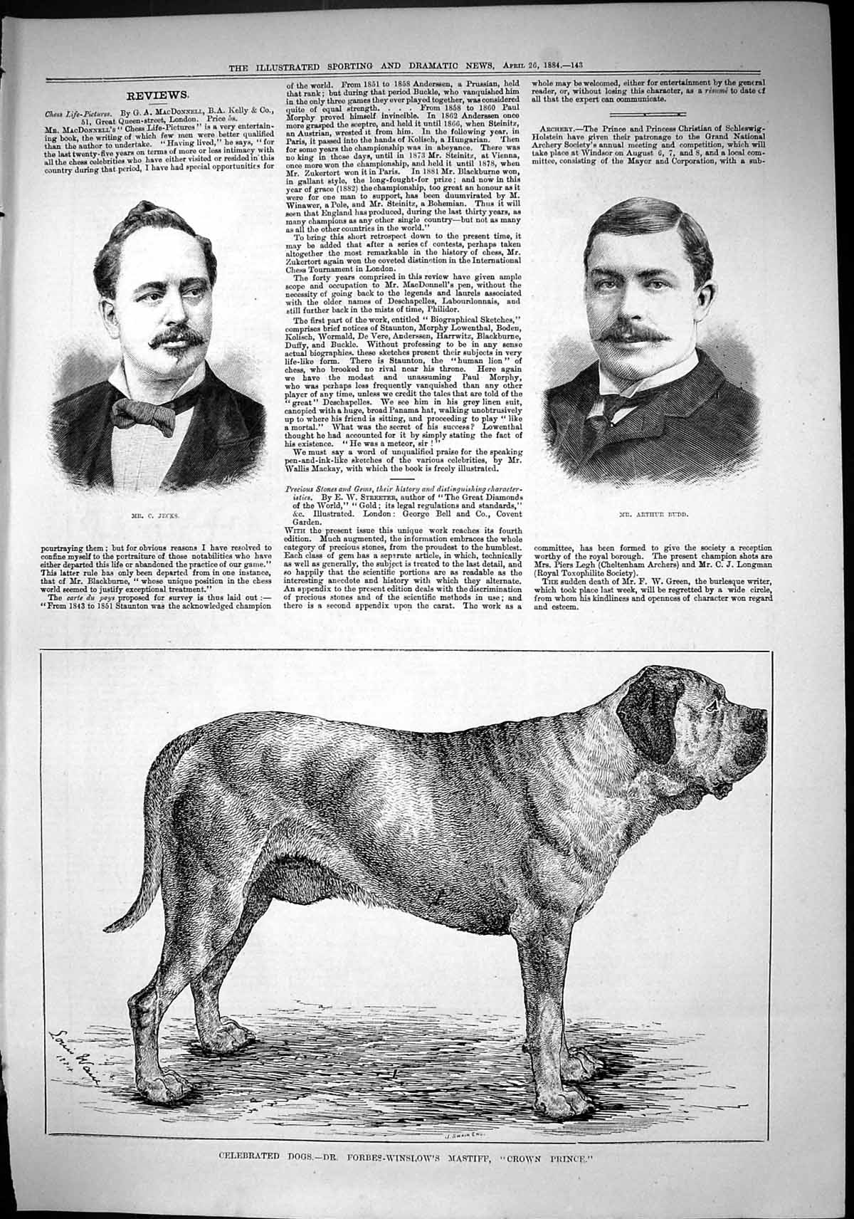 Old 1884 Jecks Arthur Budd Dog Forbes-Winslow Mastiff Crown Prince Sw Victorian