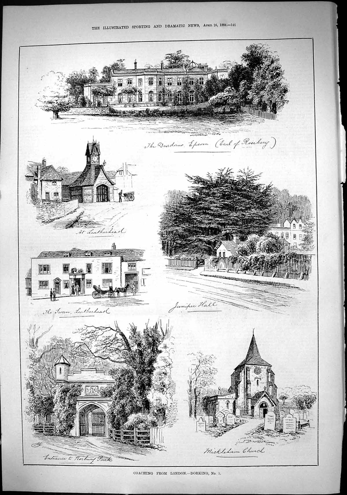 Old 1884 Coaching Dorking Norbury Park Mickleham Church Epsom Swan Le Victorian