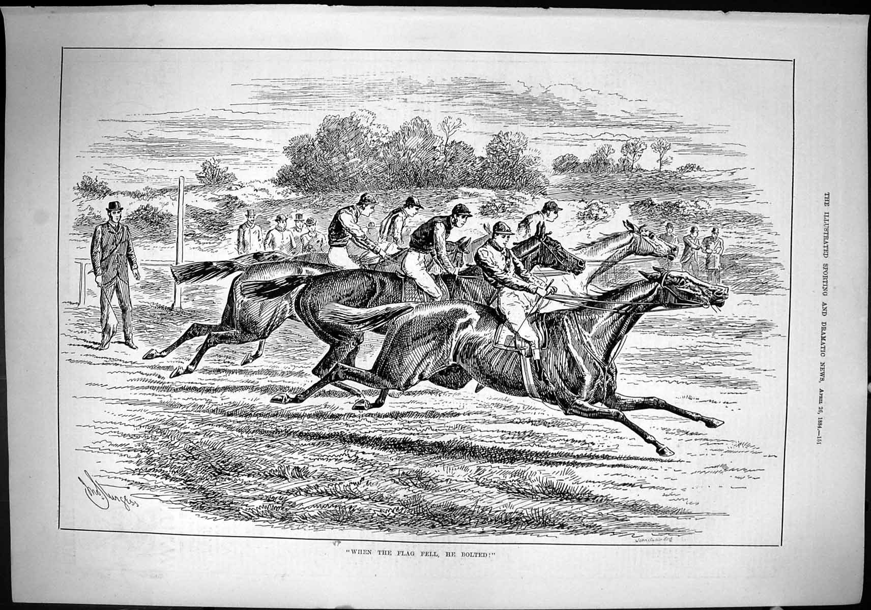 Old Sporting Dramatic News 1884 Horse Racing Start Line Jockeys Sport Victorian