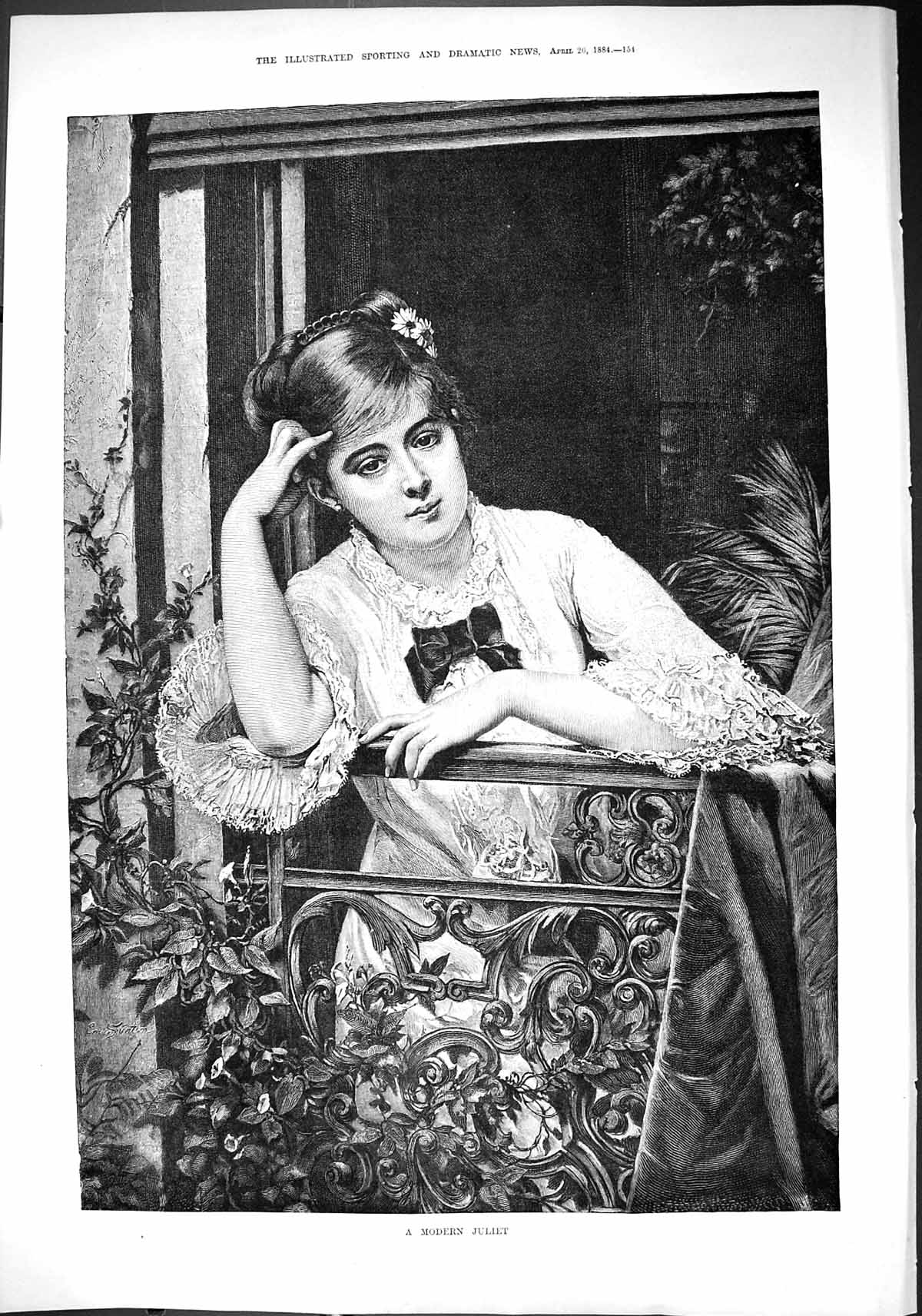 Old Sporting Dramatic News 1884 Modern Juliet Beautiful Girl Balcony Victorian