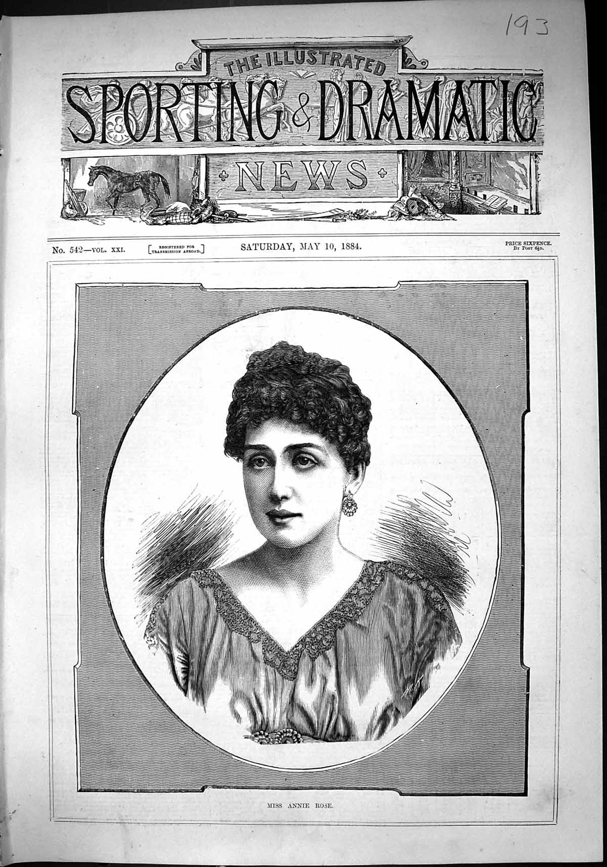 Old Antique Print Sporting Dramatic News 1884 Miss Annie Rose Lady Woman 19th