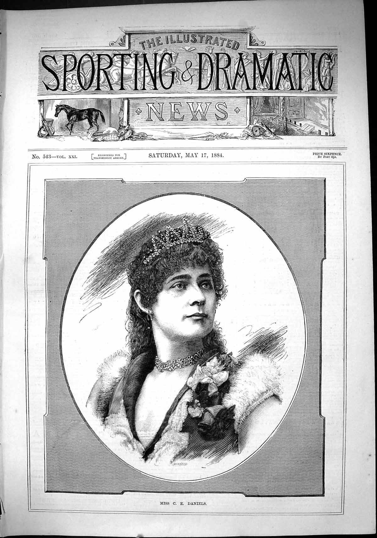 Antique Print Sporting Dramatic News 1884 Portrait Miss Daniels Lady Woman 19th