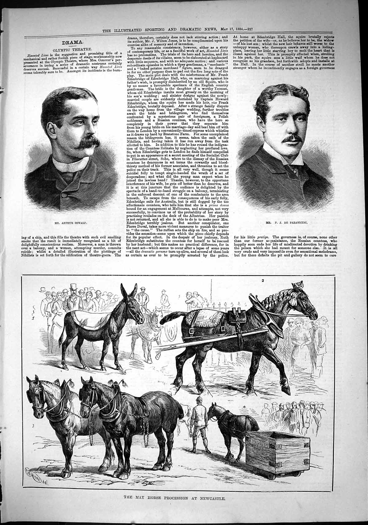Antique Print 1884 Arthur Oswald Paravicini May Horse Procession Newcastle 19th