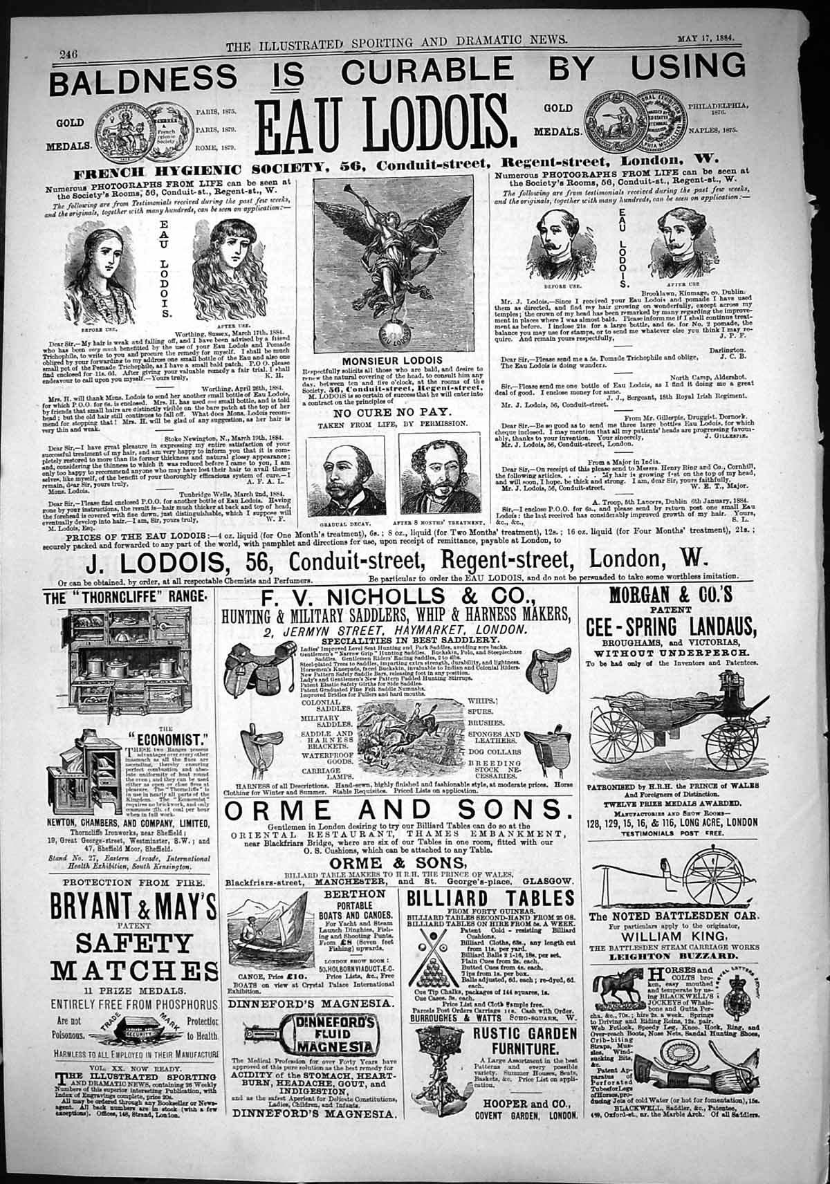 Antique Old Print Eau Lodois Nichols Orme Morgan Billiard Tables Bryant 1884