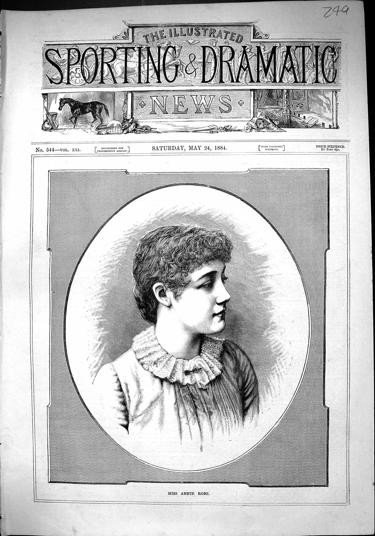 Old Antique Print Sporting Dramatic News 1884 Miss Annie Robe Lady Woman 19th