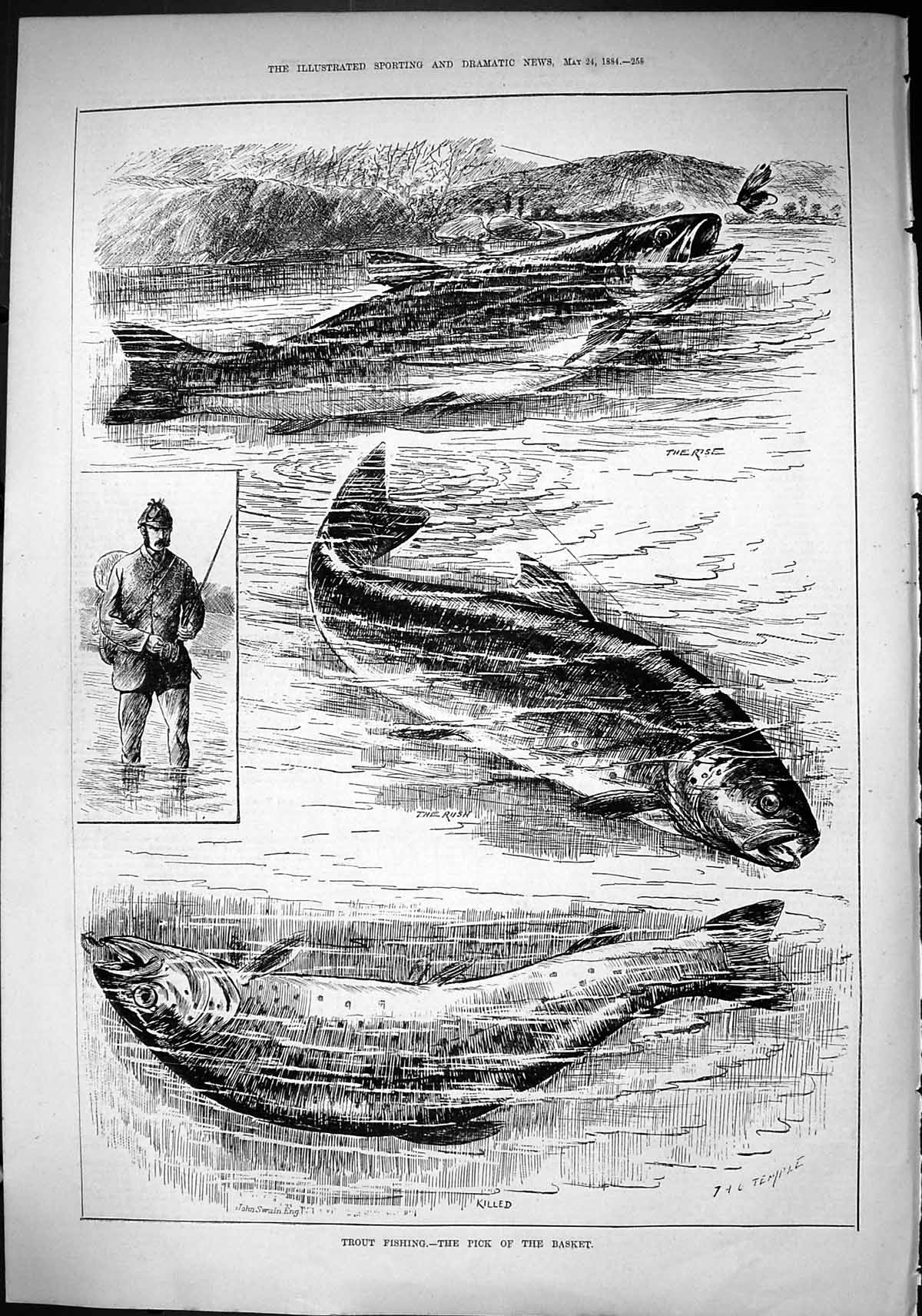 Old Sporting Dramatic News 1884 Trout Fishing Fisherman Angling River Victorian
