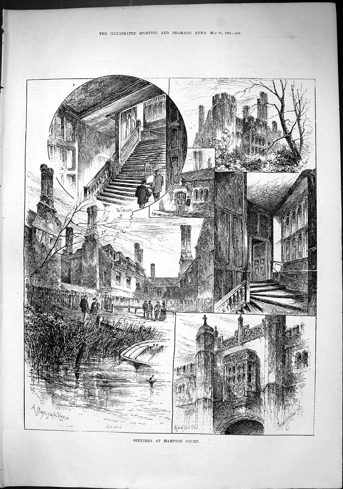 Old Sporting Dramatic News 1884 Hampton Court Staircase River Yard Ar Victorian