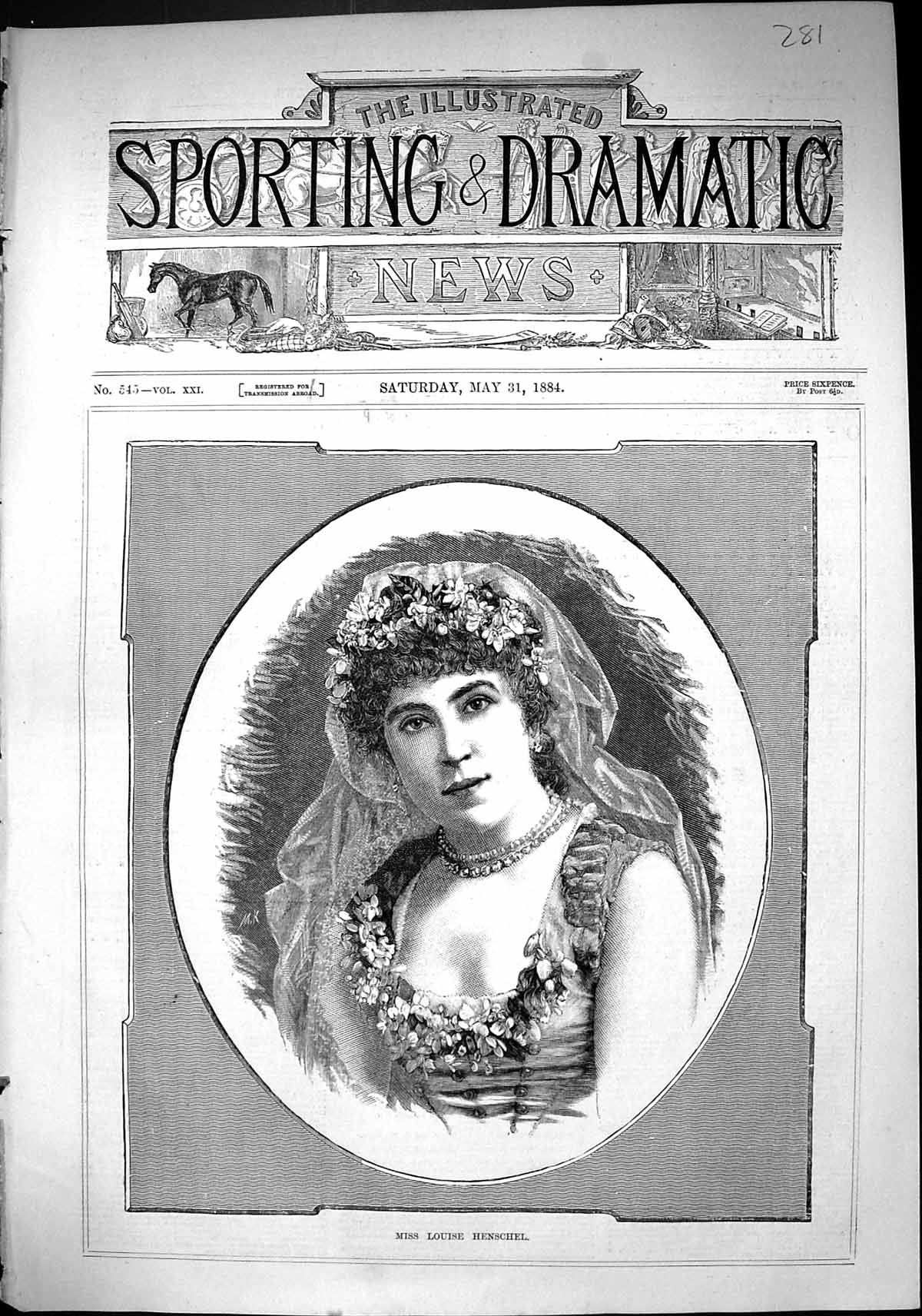 Old Print Sporting Dramatic News 1884 Portrait Miss Louise Henschel Lady 19th