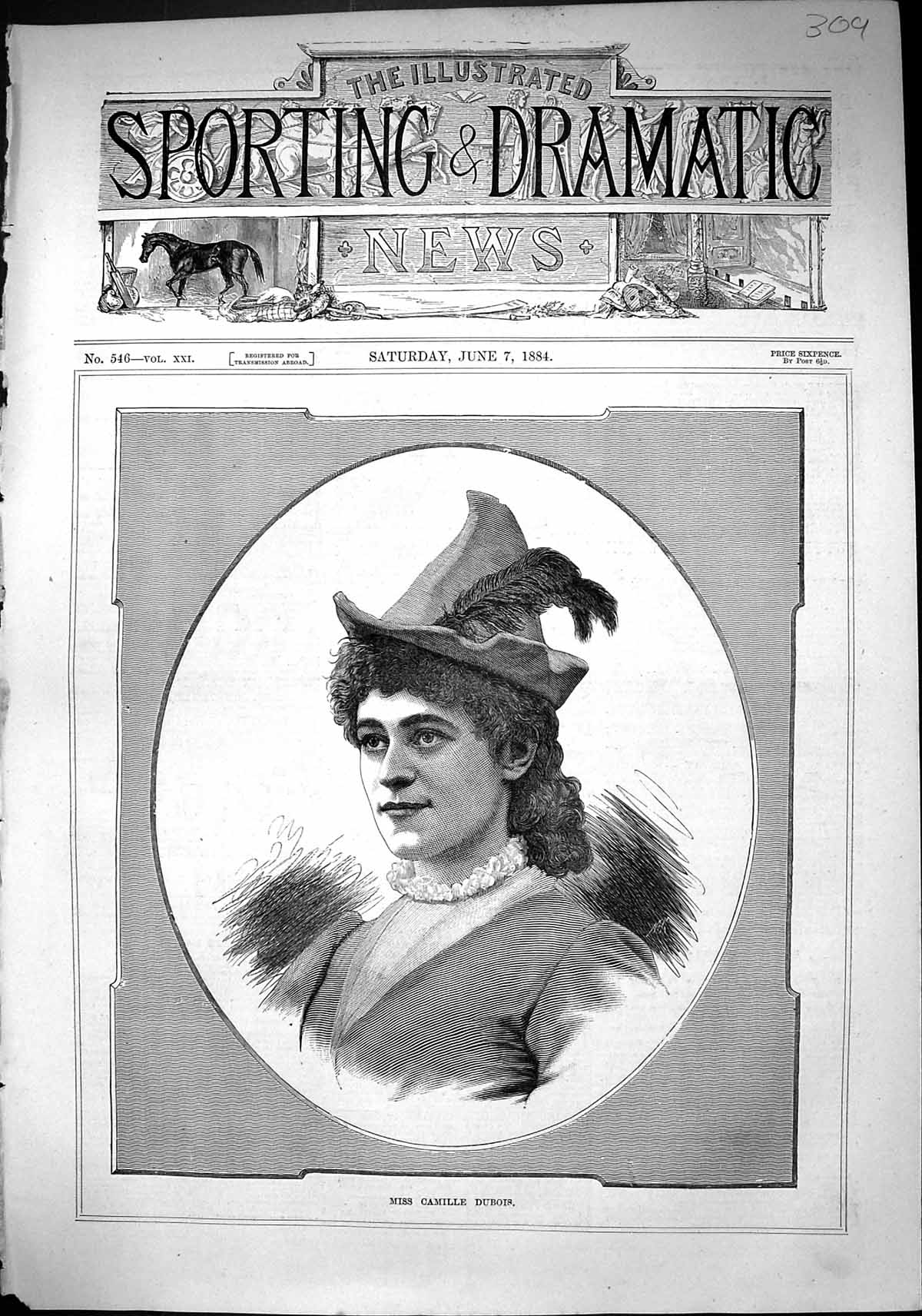 Antique Print Sporting Dramatic News 1884 Portrait Miss Camille Dubois Lady