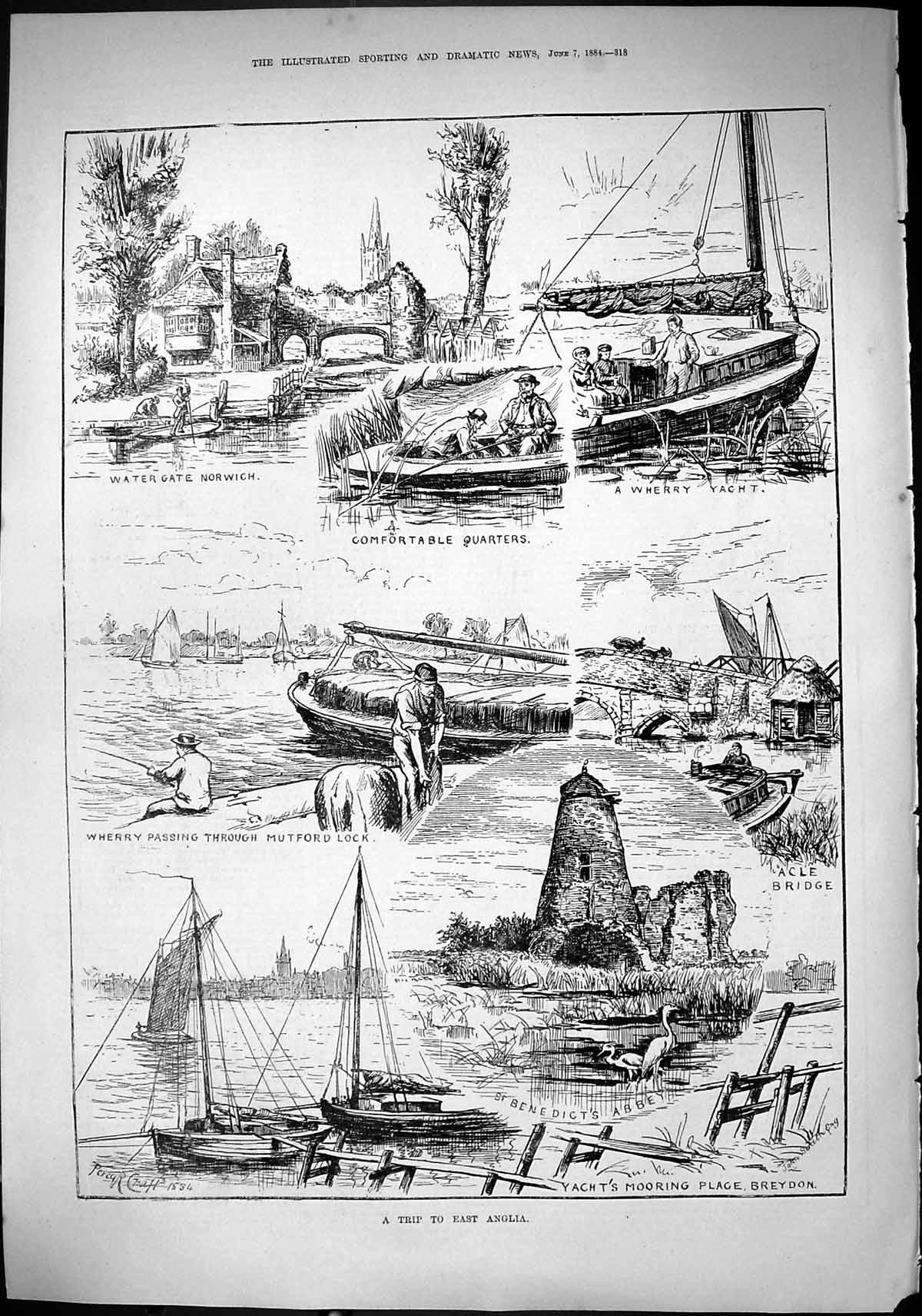 Old 1884 East Anglia Water Gate Norwich Mutford Lock Benedict'S Abbey Victorian