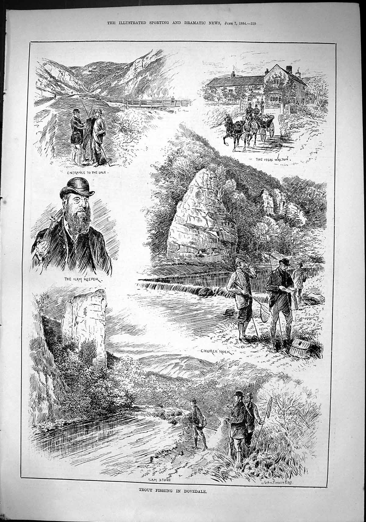 Old 1884 Trout Fishing Dovedale Issac Walton Church Rock Ilam Keeper Victorian