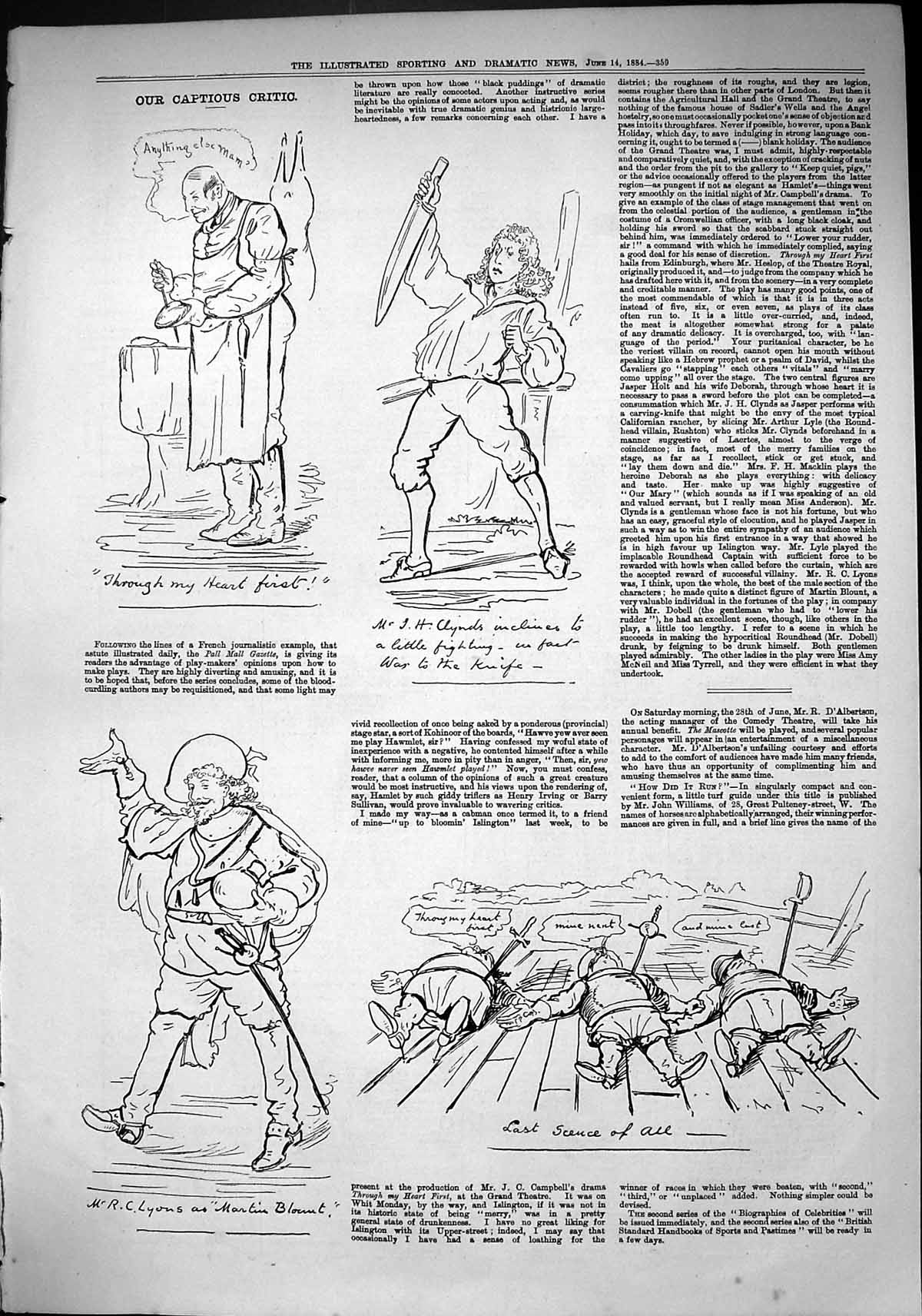 Old Sporting Dramatic News 1884 Captious Critic Theatre Lyons Martin Victorian