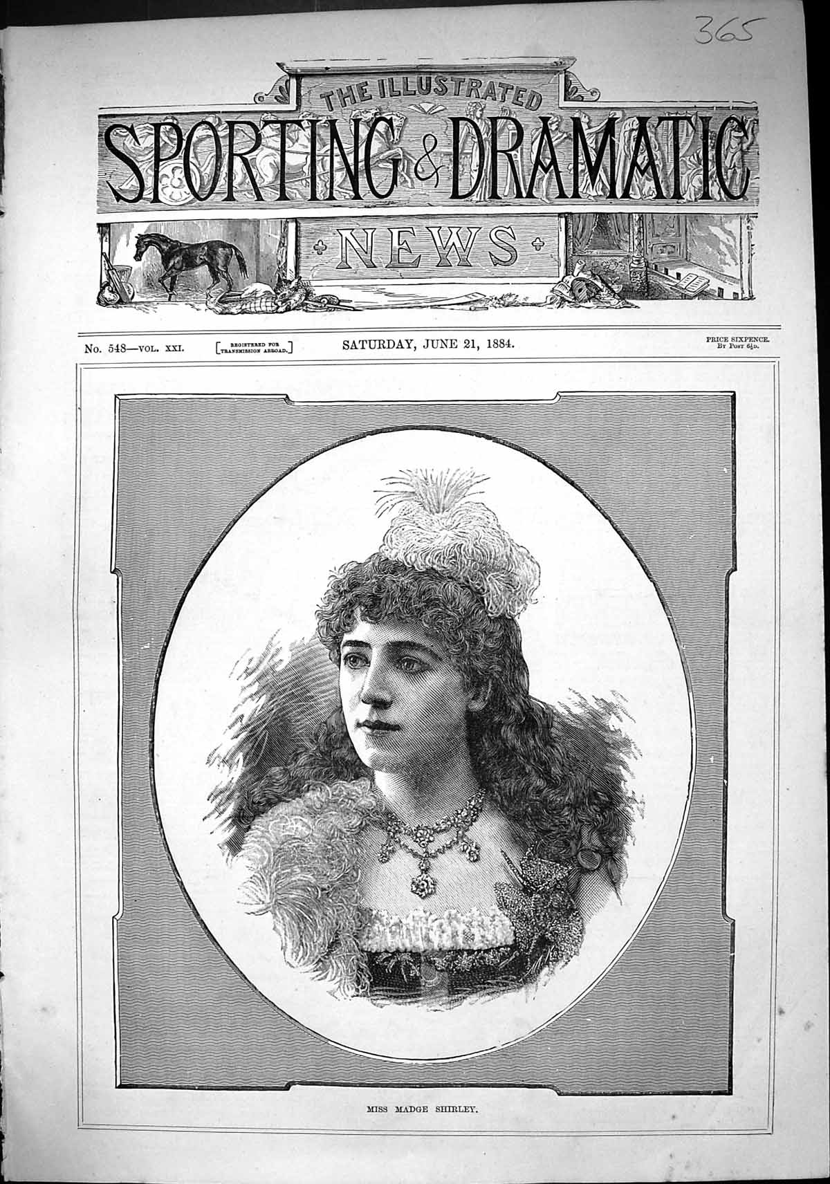 Antique Old Print Sporting Dramatic News 1884 Miss Madge Shirley Lady Woman