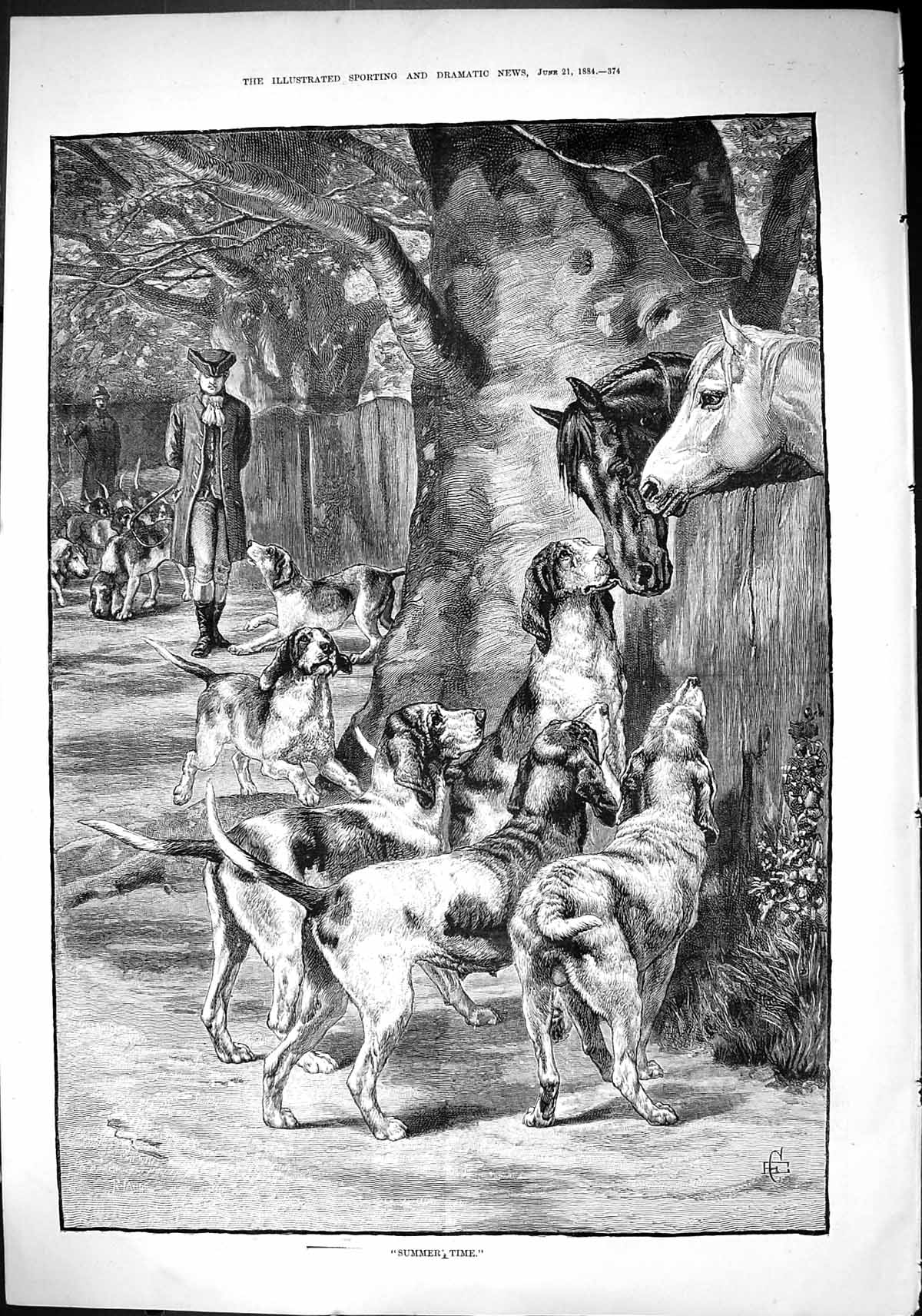 Old Sporting Dramatic News 1884 Hunting Hounds Dogs Horses Sport Fine Victorian