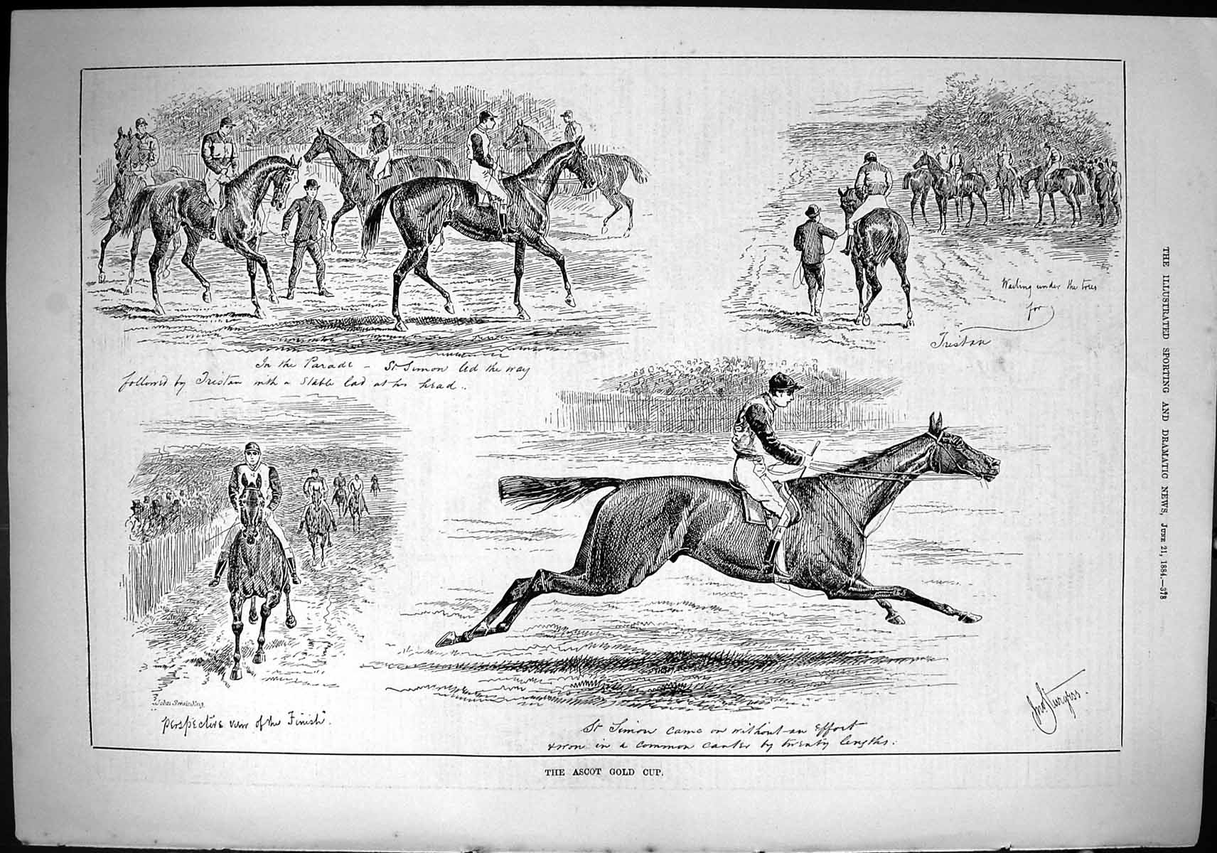Antique Print Sporting Dramatic News 1884 Ascot GCup Horse Racing Jockeys T