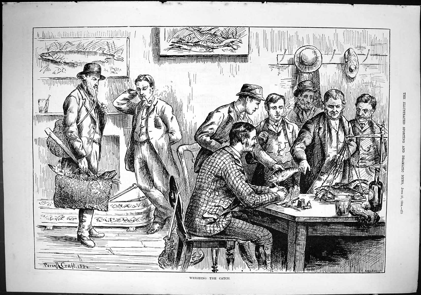 Old Sporting Dramatic News 1884 Fishing Weighing Catch Anglers Percy Victorian