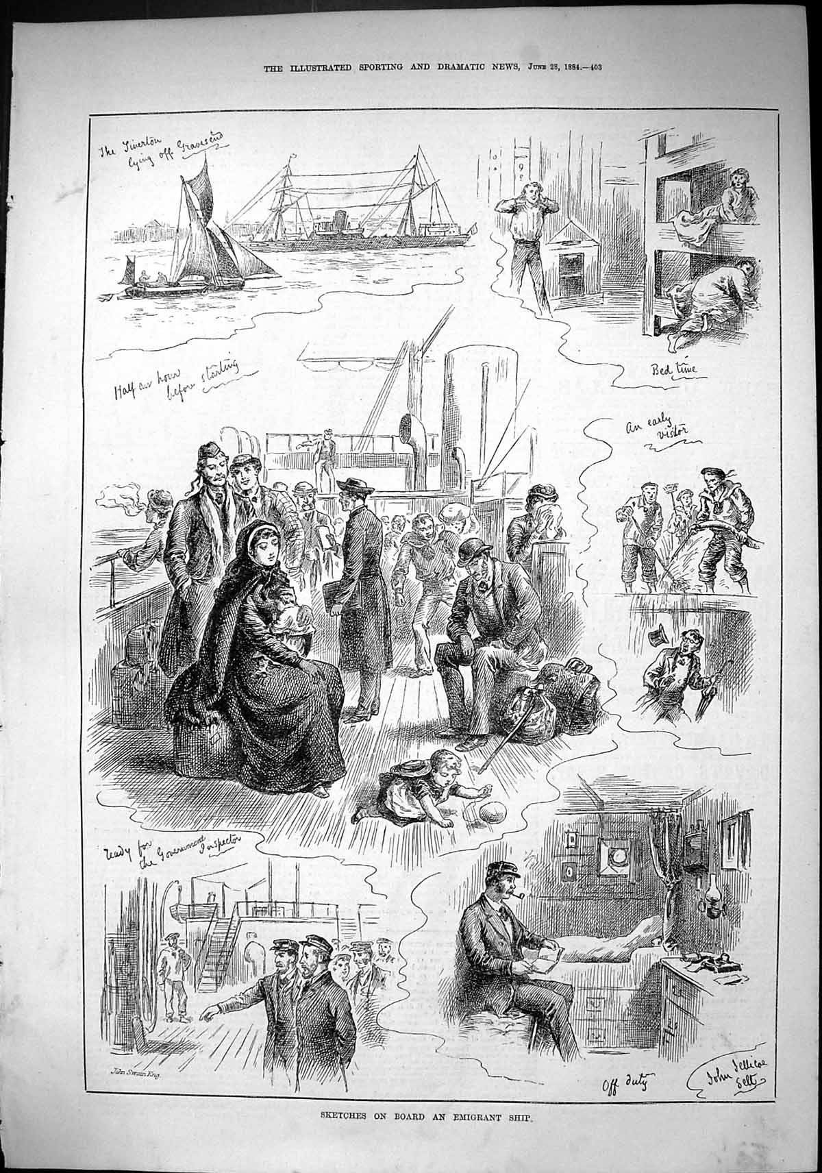 Old Sporting Dramatic News 1884 Emigrant Ship Passengers Tiverton Gra Victorian