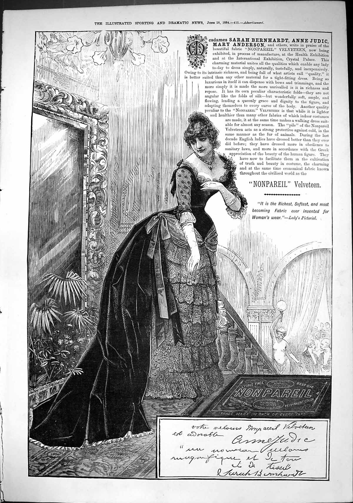 Old Print Sporting Dramatic News 1884 Nonpareil Velveteen Sarah Bernhardt 19th
